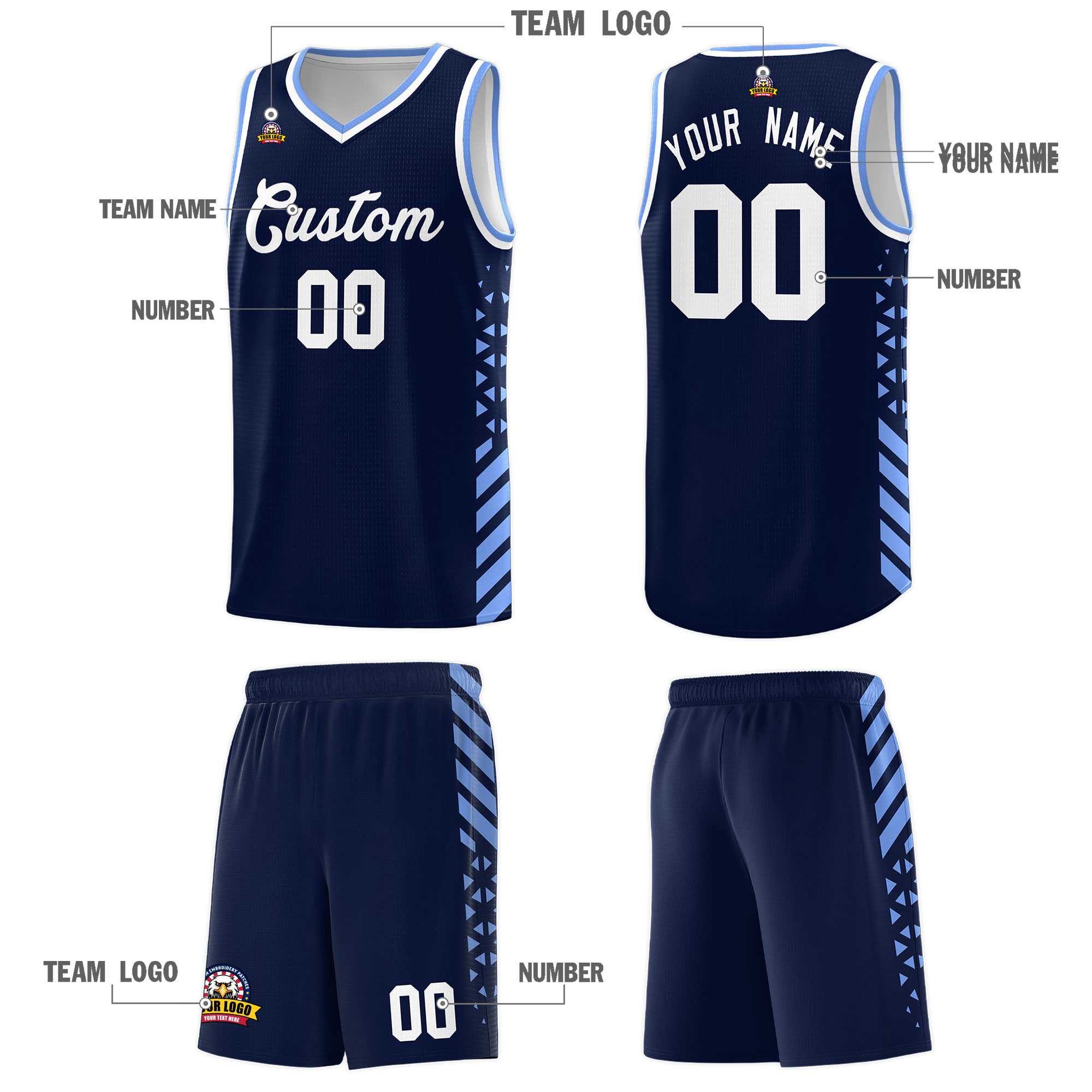 Custom Navy Basketball Kits With Side Light Blue Diamond Stripe Pattern