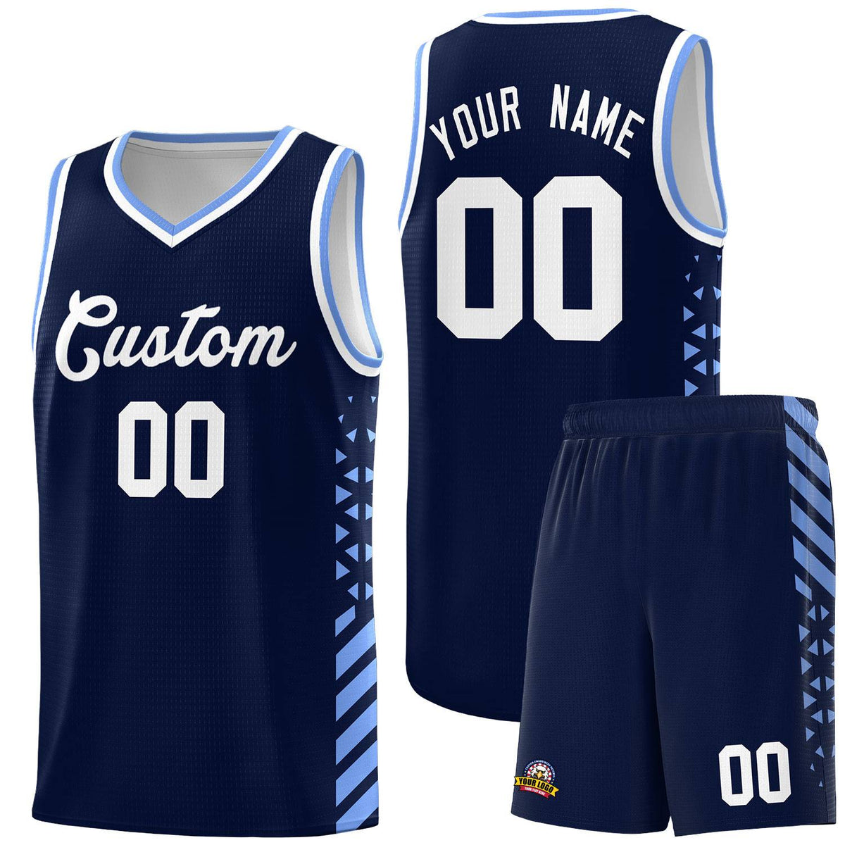 Custom Navy Basketball Kits With Side Light Blue Diamond Stripe Pattern