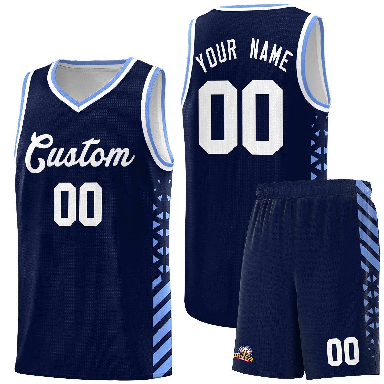 Custom Navy Basketball Kits With Side Light Blue Diamond Stripe Pattern