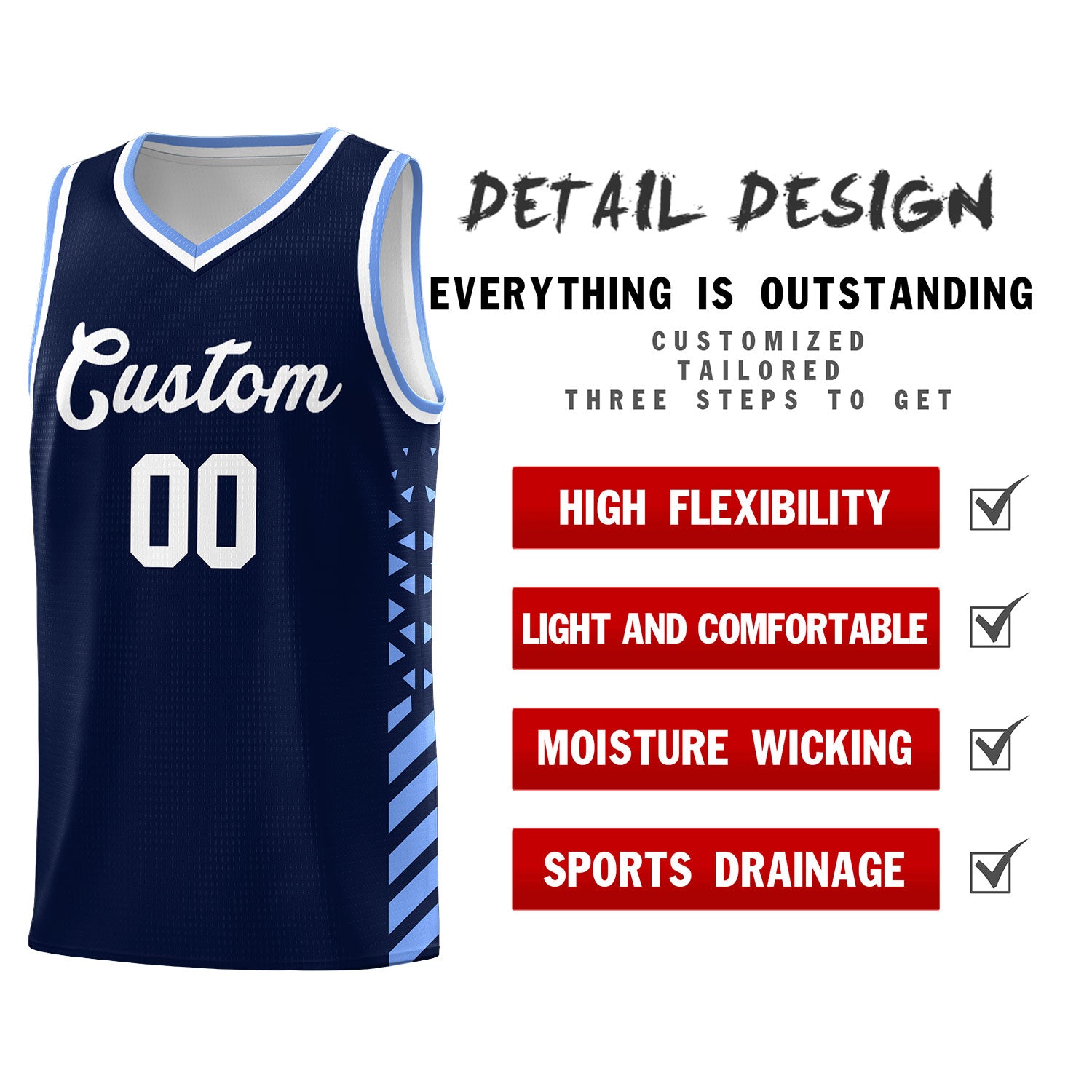 Custom Navy Basketball Kits With Side Light Blue Diamond Stripe Pattern
