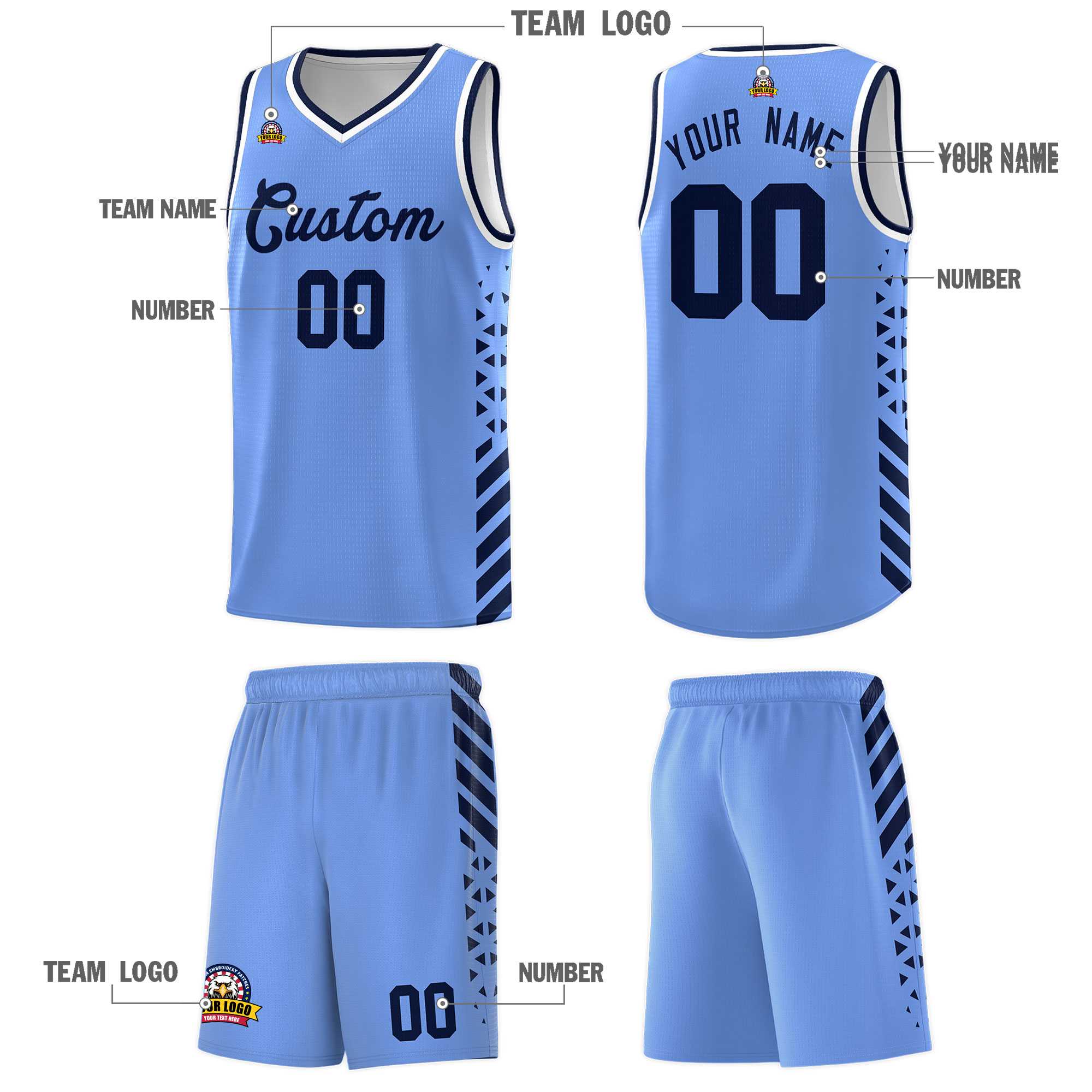 Custom Light Blue Basketball Kits With Side Navy Diamond Stripe Pattern
