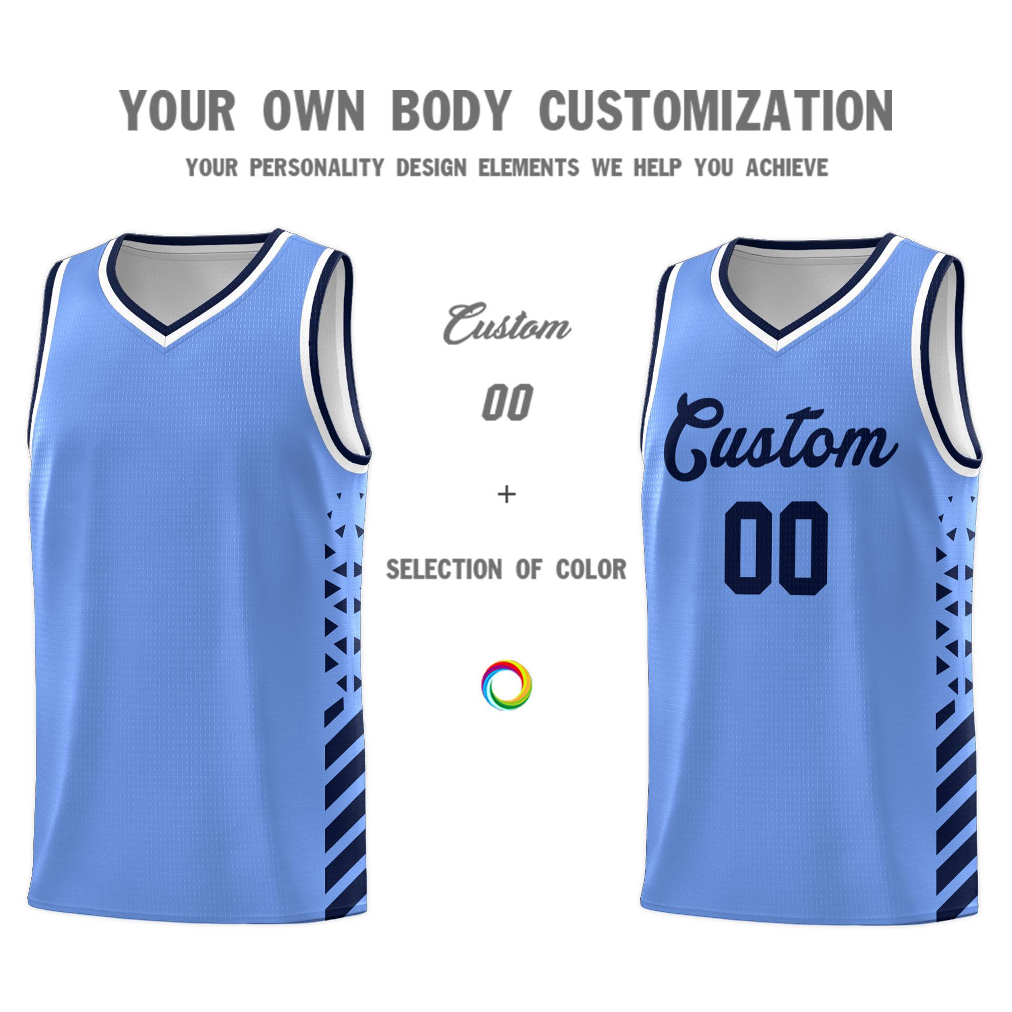 Custom Light Blue Basketball Kits With Side Navy Diamond Stripe Pattern