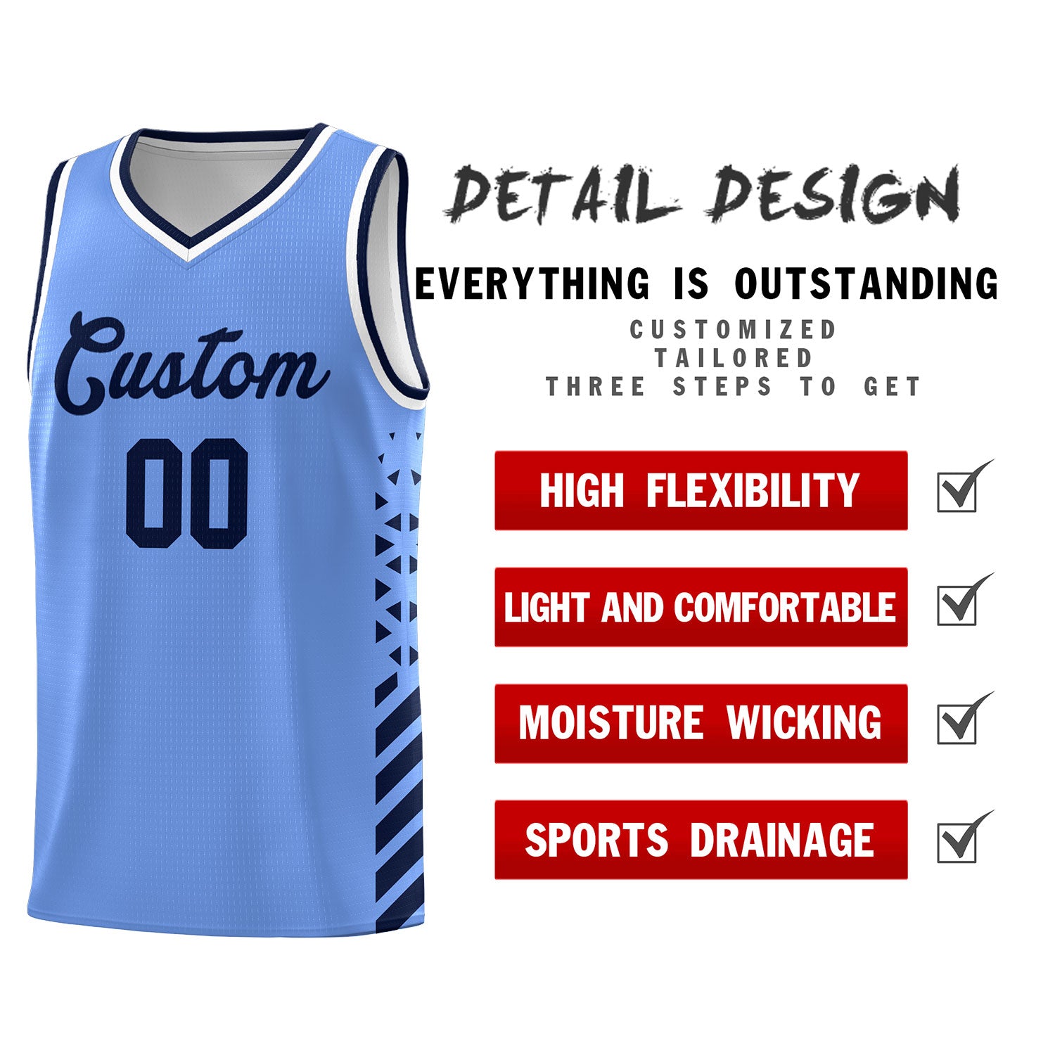 Custom Light Blue Basketball Kits With Side Navy Diamond Stripe Pattern