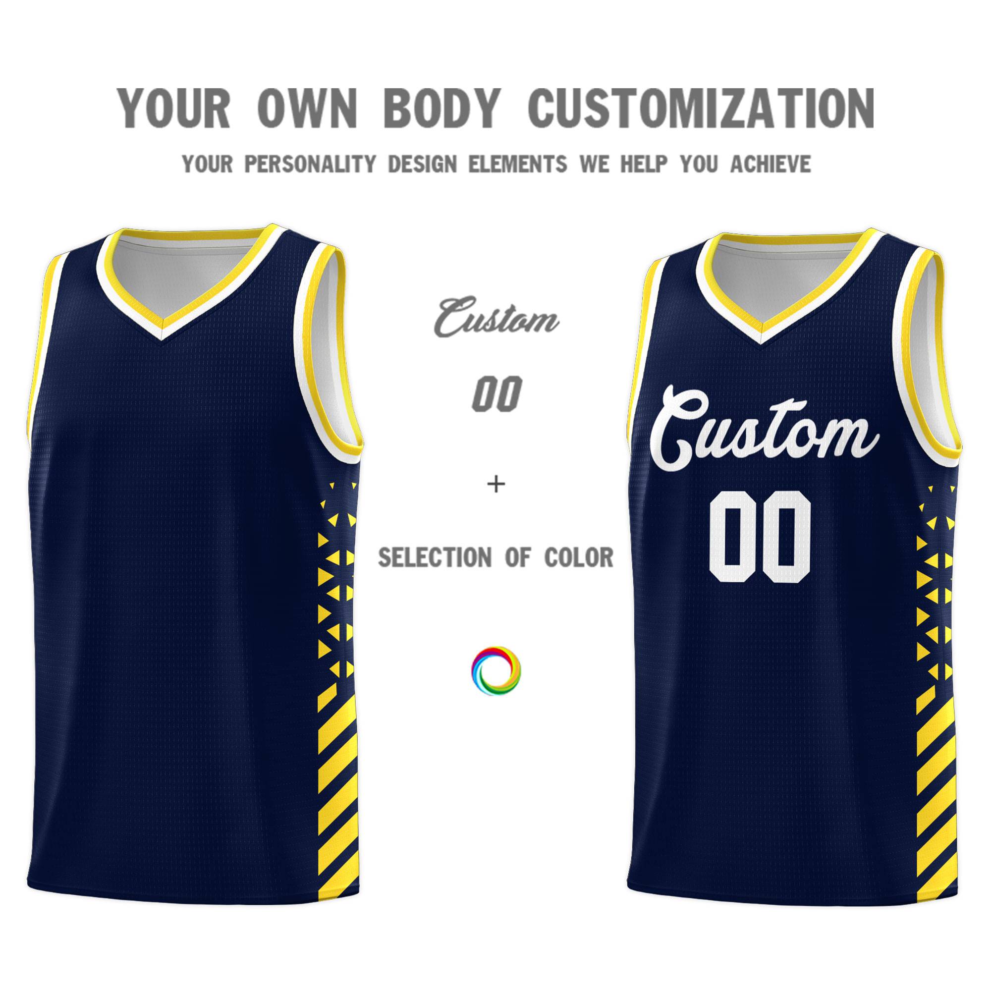 Custom Navy Basketball Kits With Side Gold Diamond Stripe Pattern