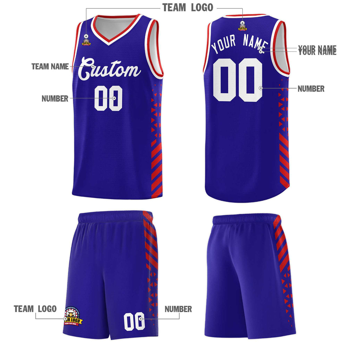 Custom Royal Basketball Kits With Side Red Diamond Stripe Pattern