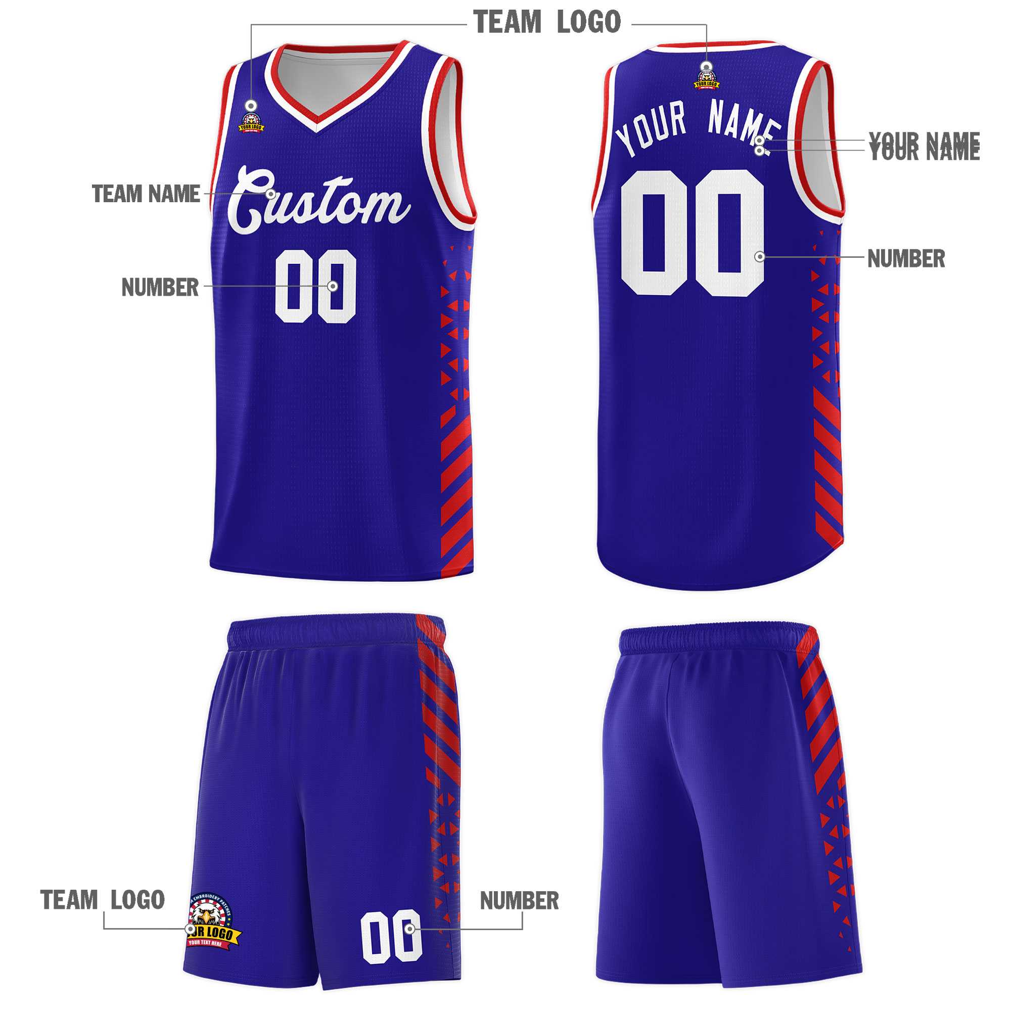 Custom Royal Basketball Kits With Side Red Diamond Stripe Pattern