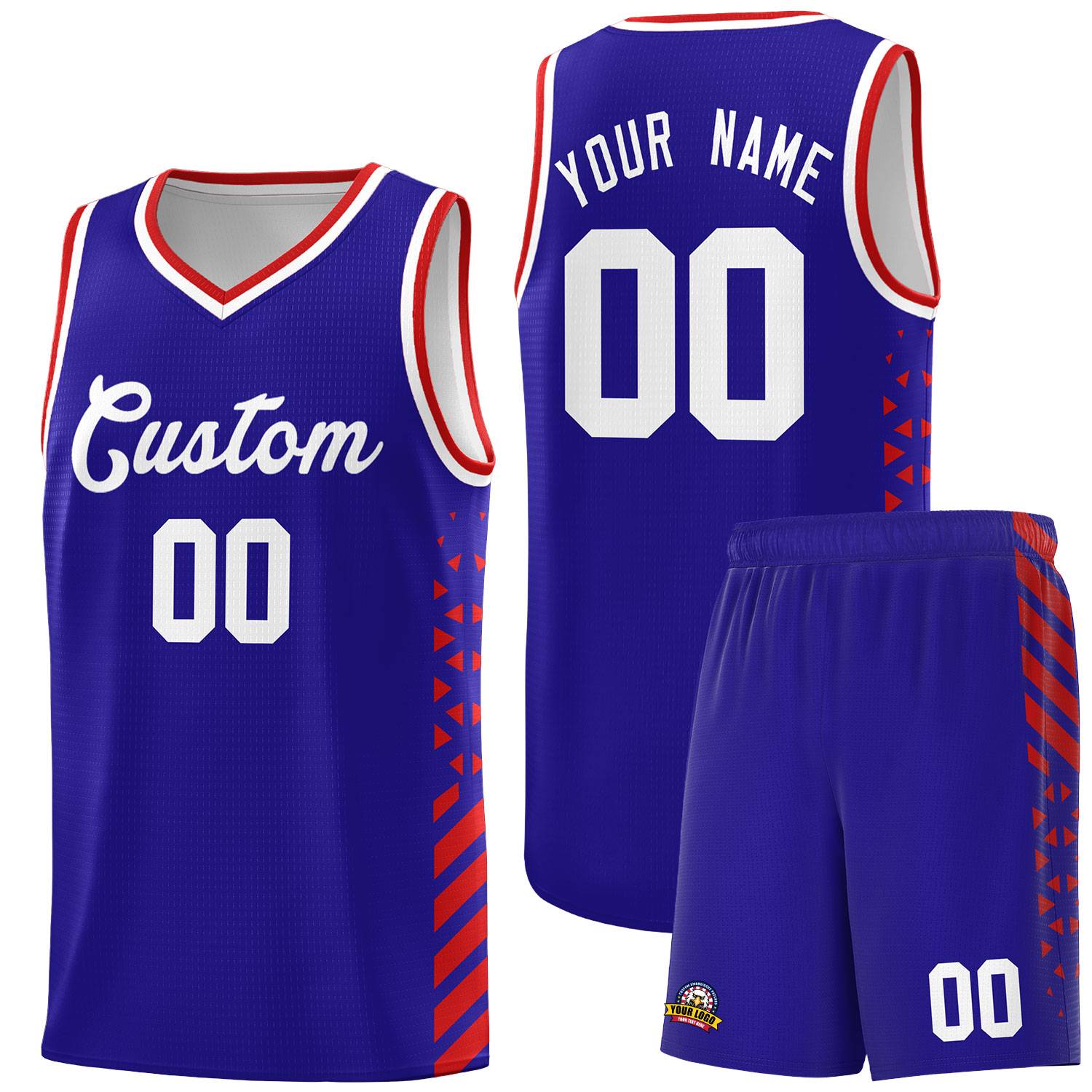 Custom Royal Basketball Kits With Side Red Diamond Stripe Pattern