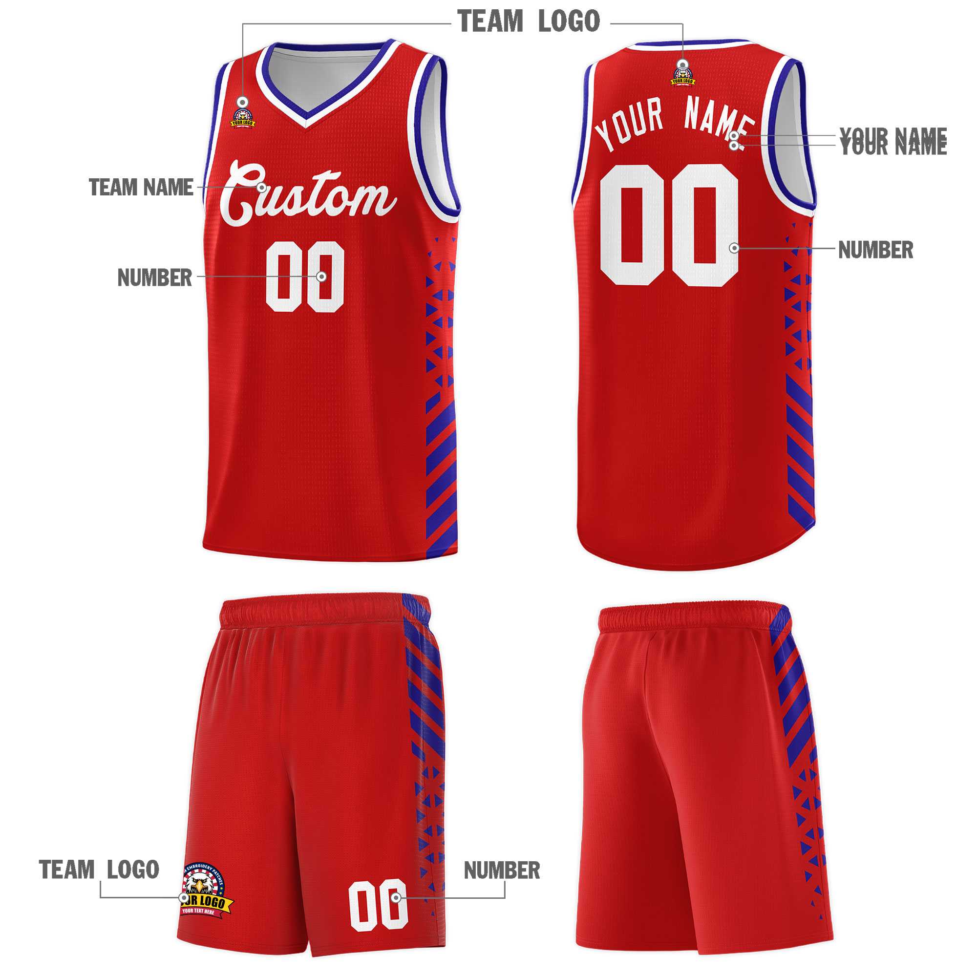 Custom Red Basketball Kits With Side Royal Diamond Stripe Pattern