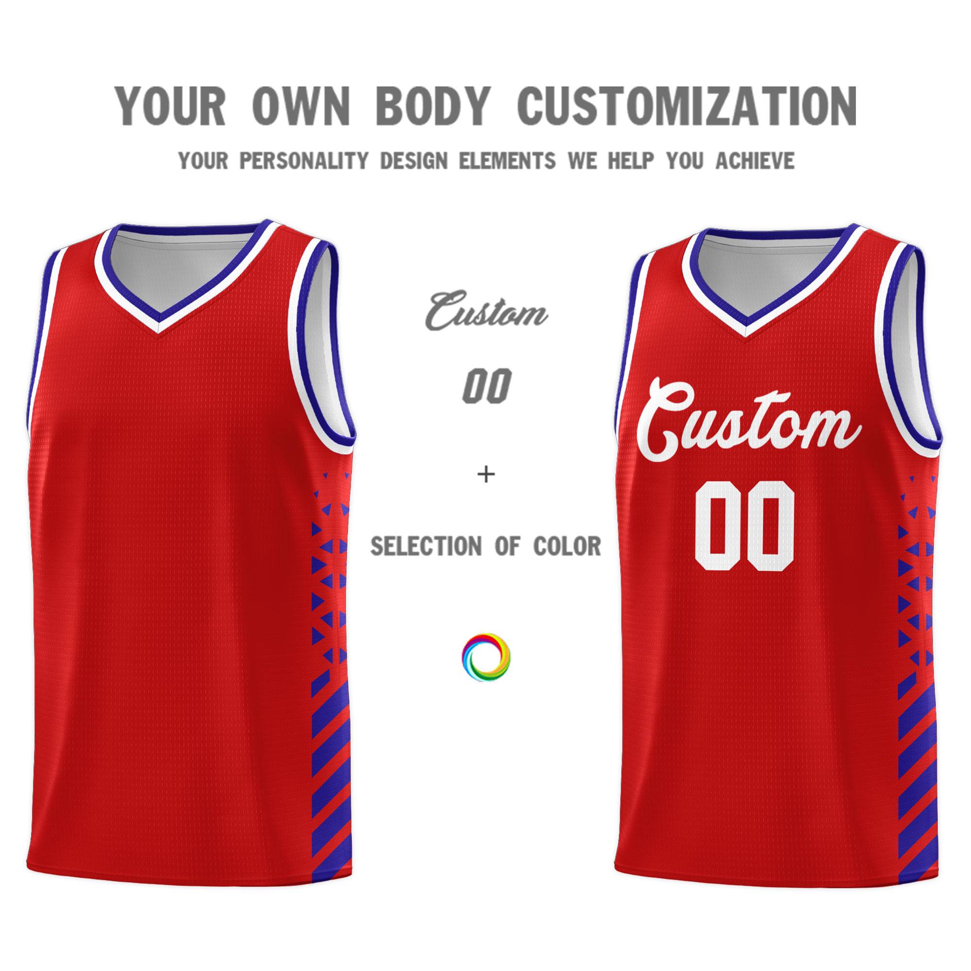 Custom Red Basketball Kits With Side Royal Diamond Stripe Pattern