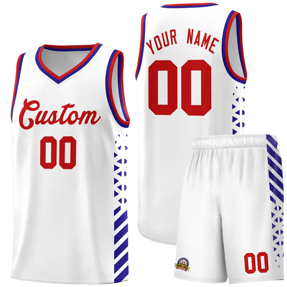 Custom White Basketball Kits With Side Royal Diamond Stripe Pattern