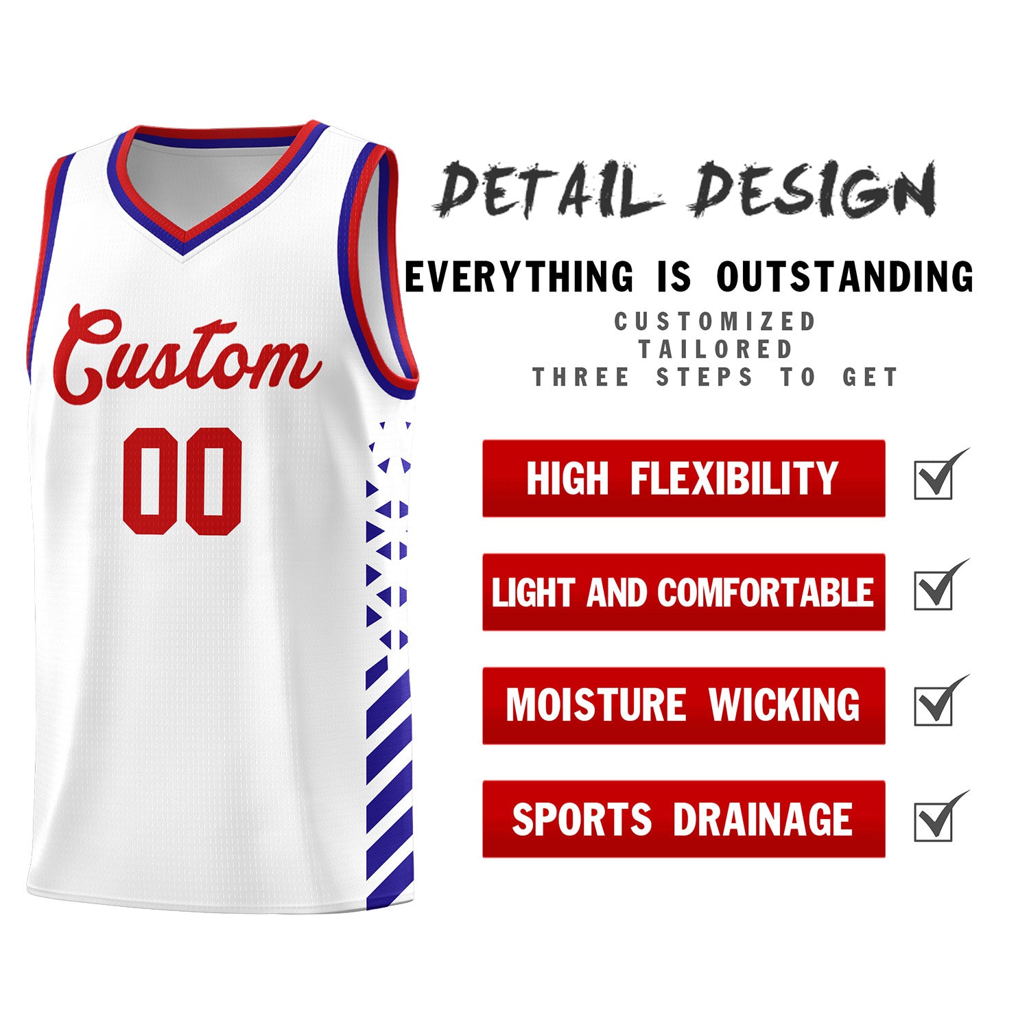 Custom White Basketball Kits With Side Royal Diamond Stripe Pattern