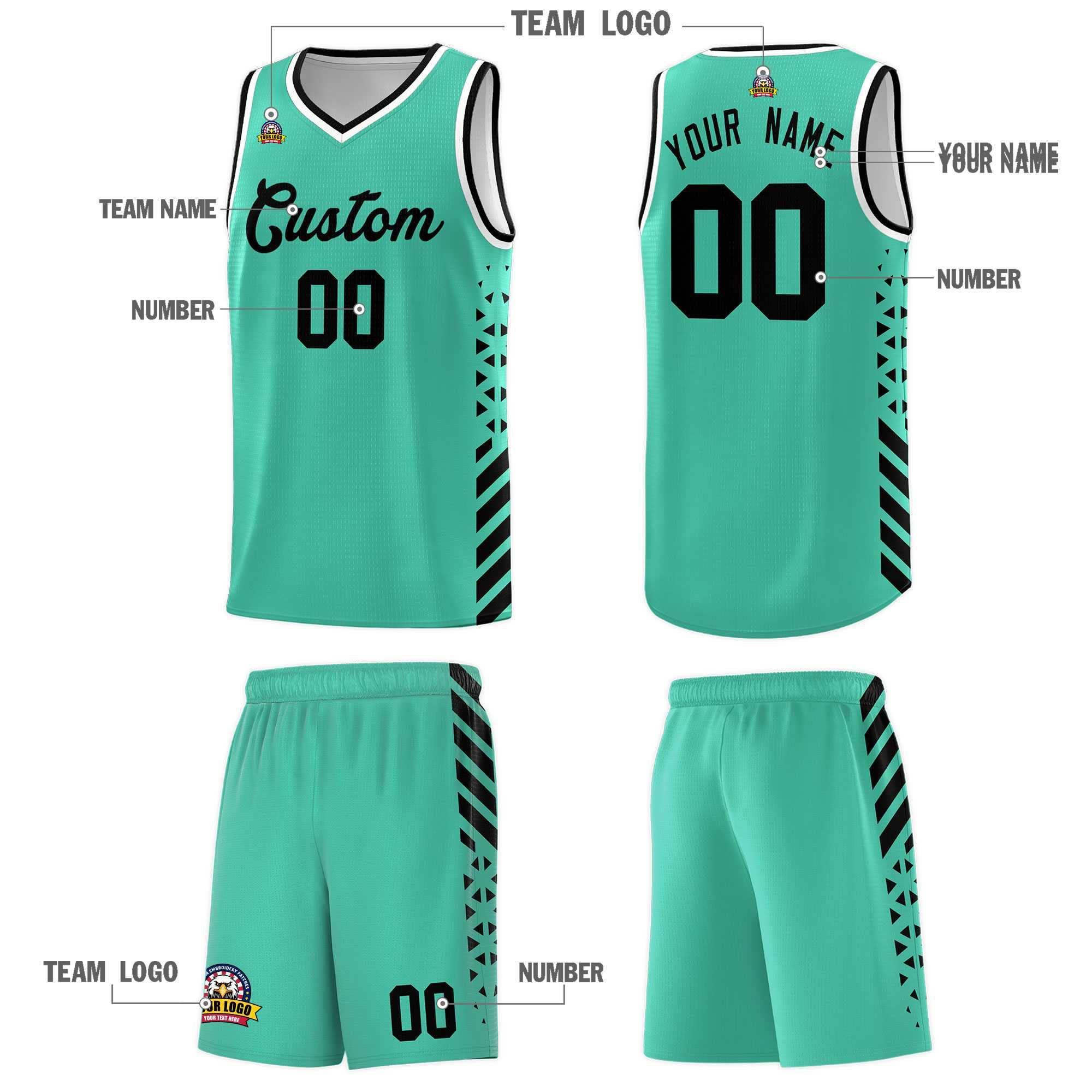 Custom Bright Green Basketball Kits With Side Black Diamond Stripe Pattern