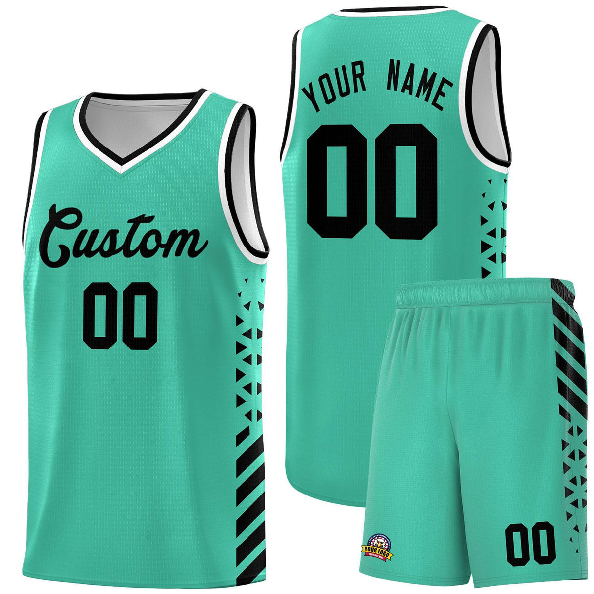 Custom Bright Green Basketball Kits With Side Black Diamond Stripe Pattern