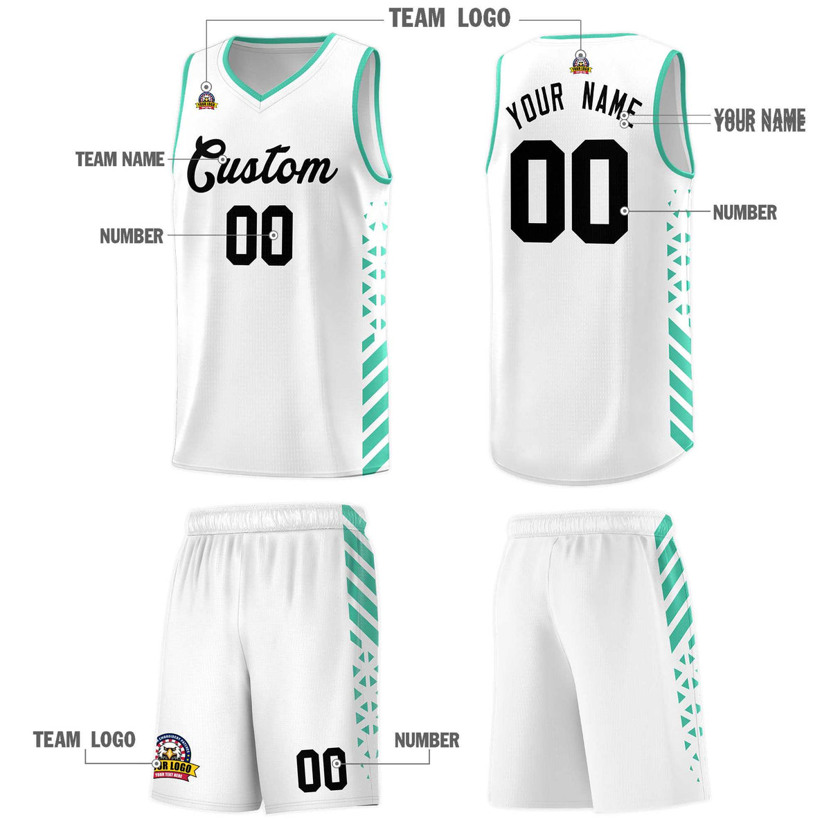 Custom White Basketball Kits With Side Bright Green Diamond Stripe Pattern