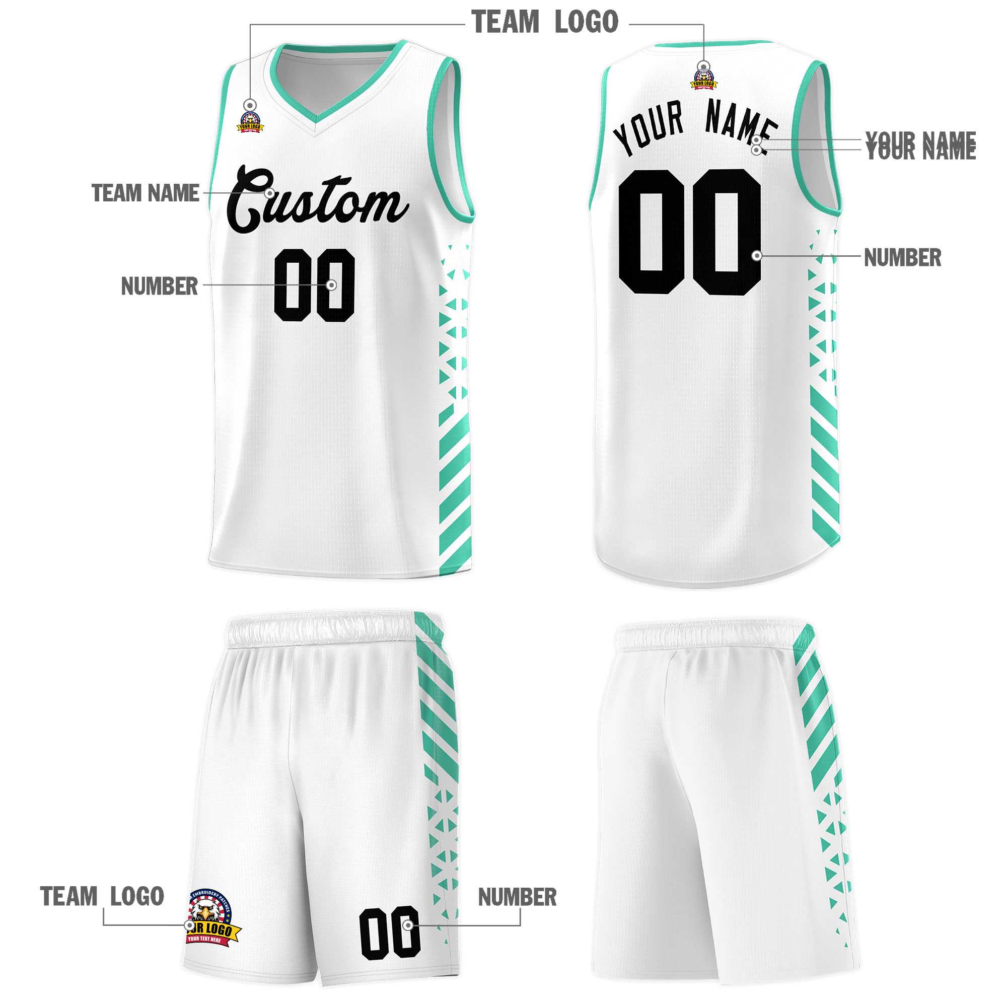 Custom White Basketball Kits With Side Bright Green Diamond Stripe Pattern
