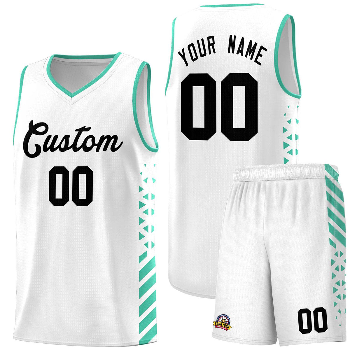 Custom White Basketball Kits With Side Bright Green Diamond Stripe Pattern