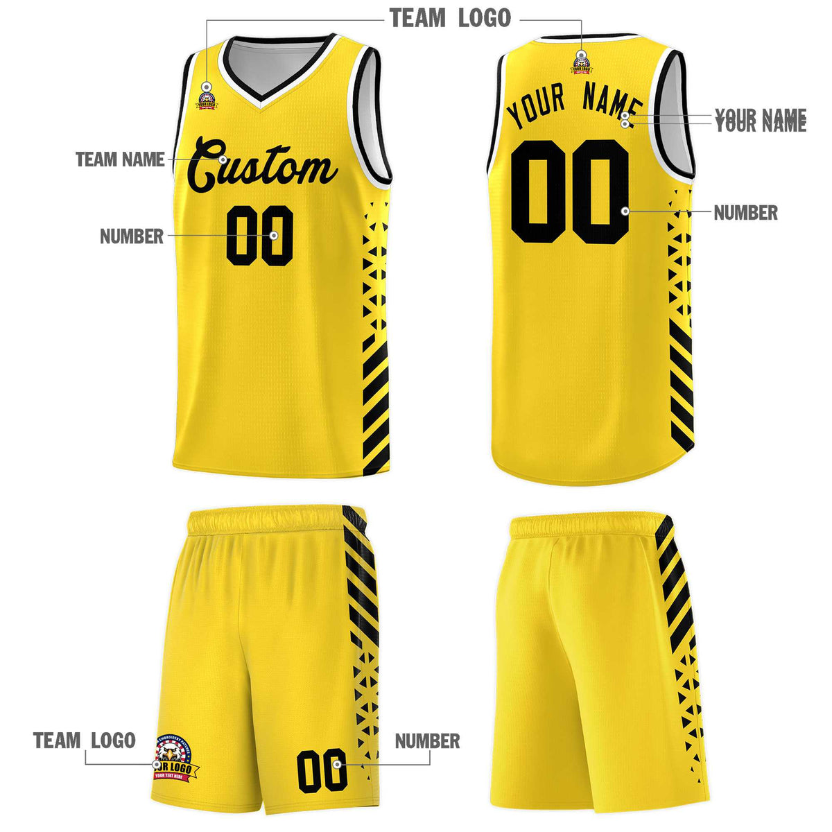 Custom Gold Basketball Kits With Side Black Diamond Stripe Pattern