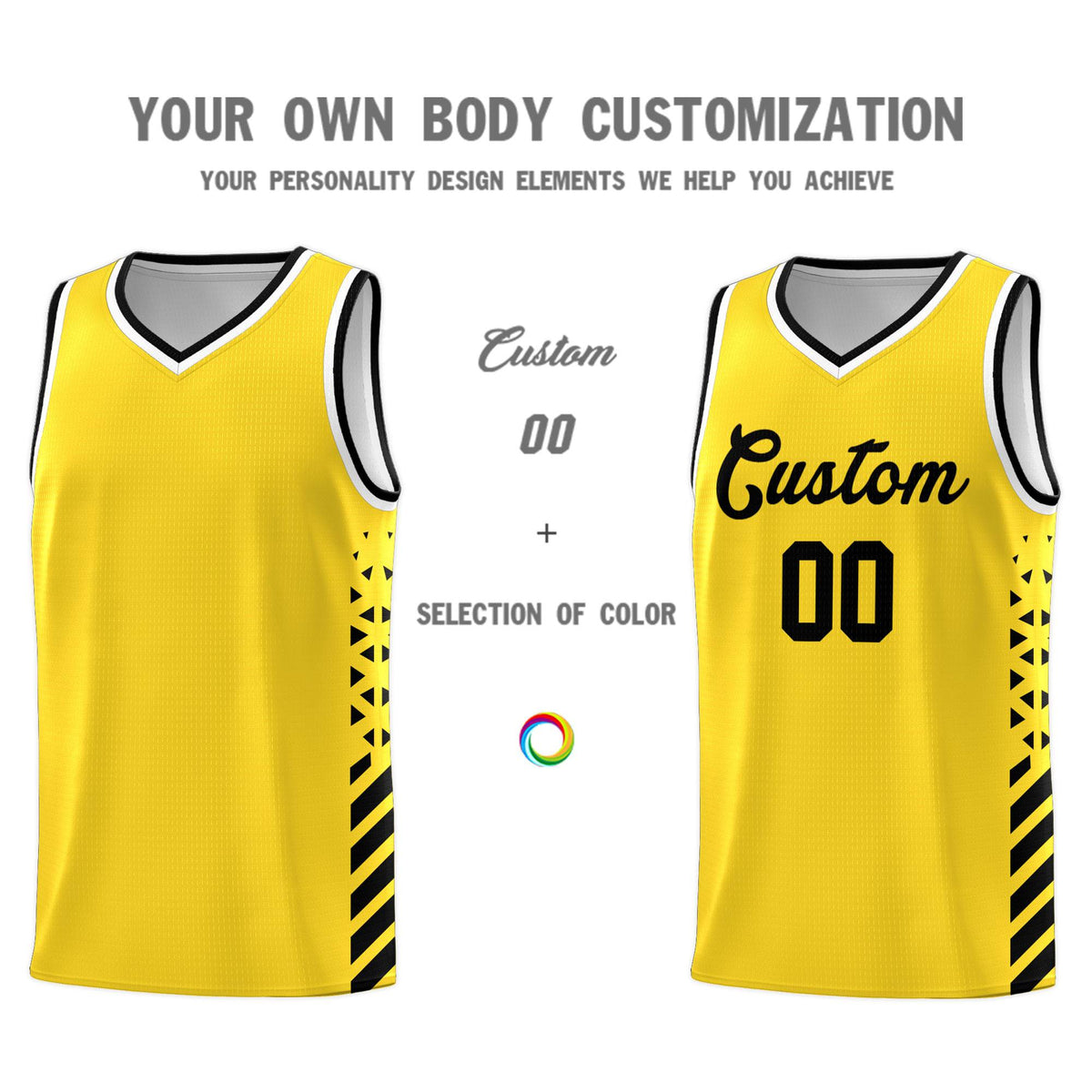 Custom Gold Basketball Kits With Side Black Diamond Stripe Pattern