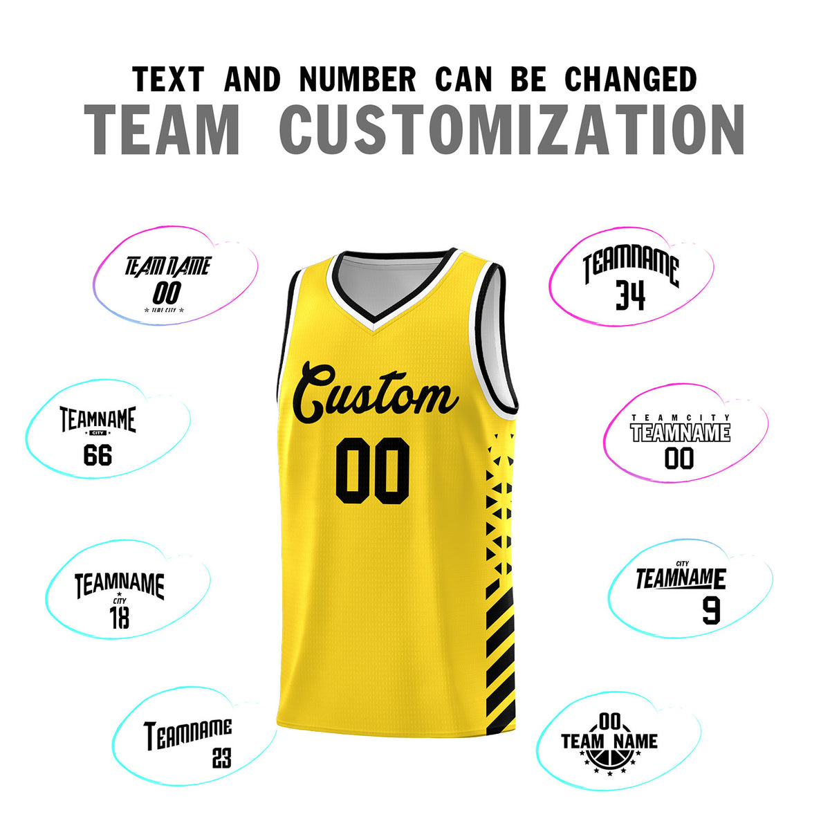 Custom Gold Basketball Kits With Side Black Diamond Stripe Pattern