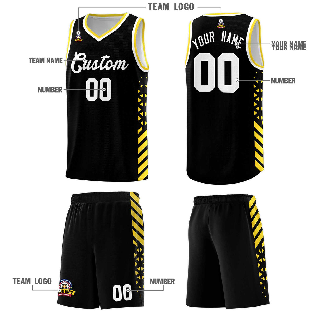 Custom Black Basketball Kits With Side Gold Diamond Stripe Pattern