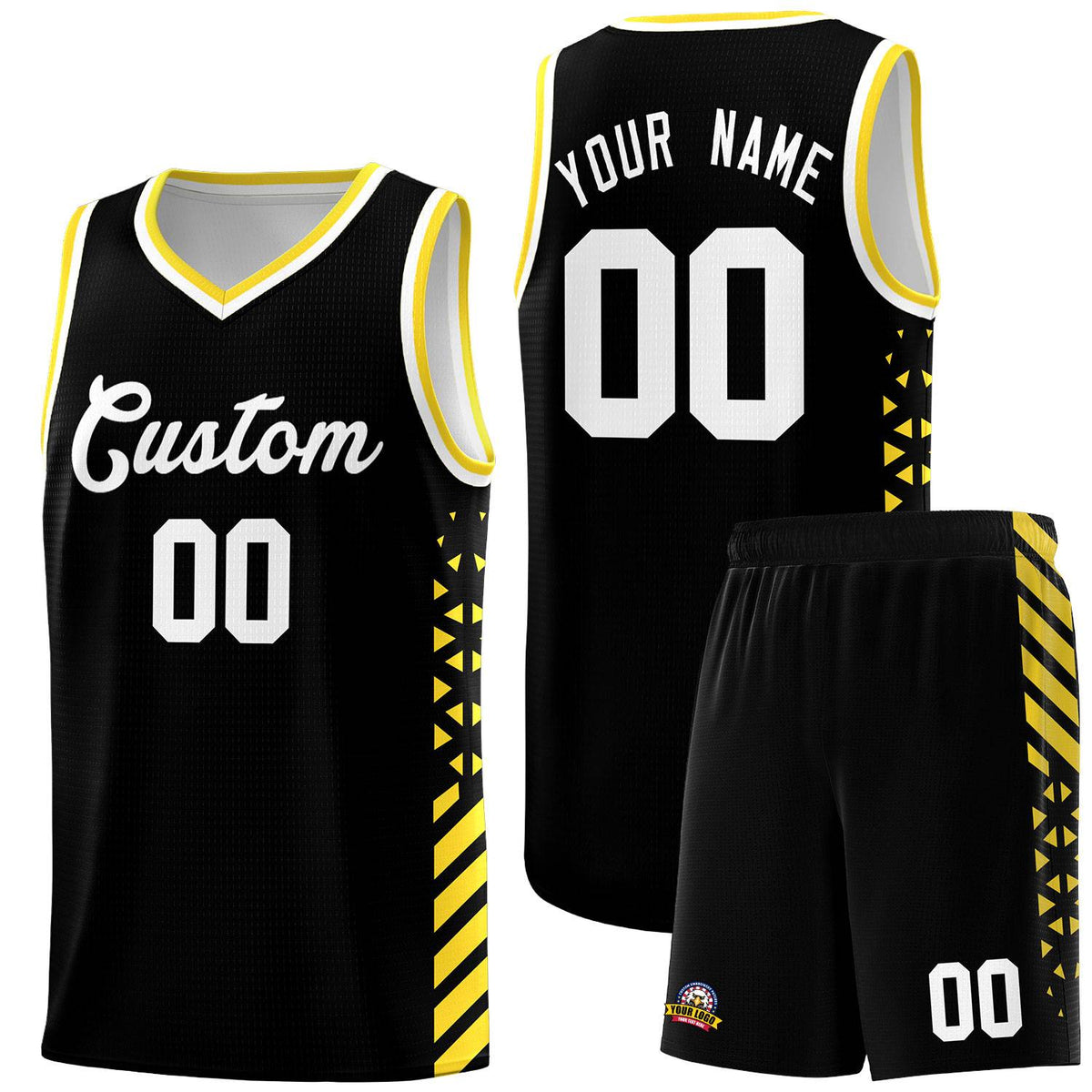 Custom Black Basketball Kits With Side Gold Diamond Stripe Pattern