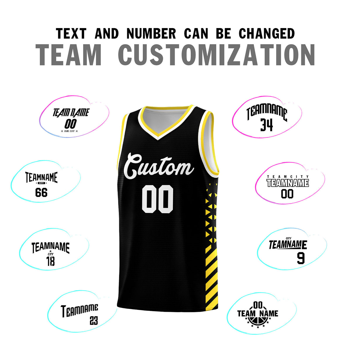 Custom Black Basketball Kits With Side Gold Diamond Stripe Pattern
