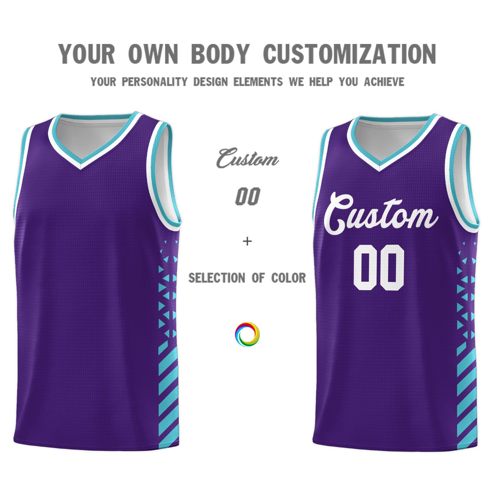Custom Purple Basketball Kits With Side Sky Blue Diamond Stripe Pattern