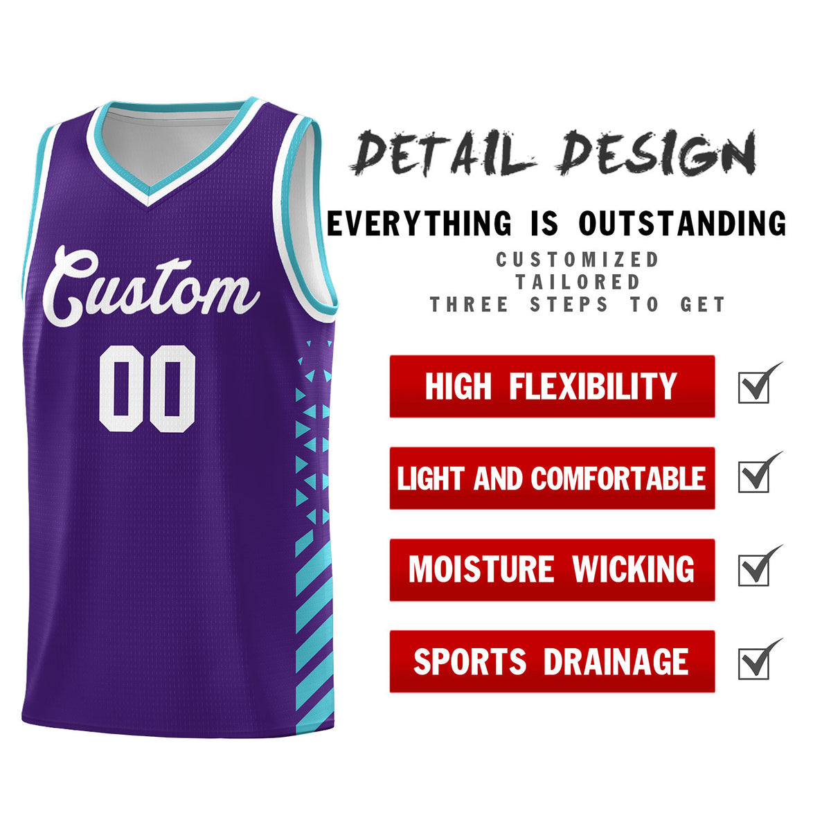 Custom Purple Basketball Kits With Side Sky Blue Diamond Stripe Pattern