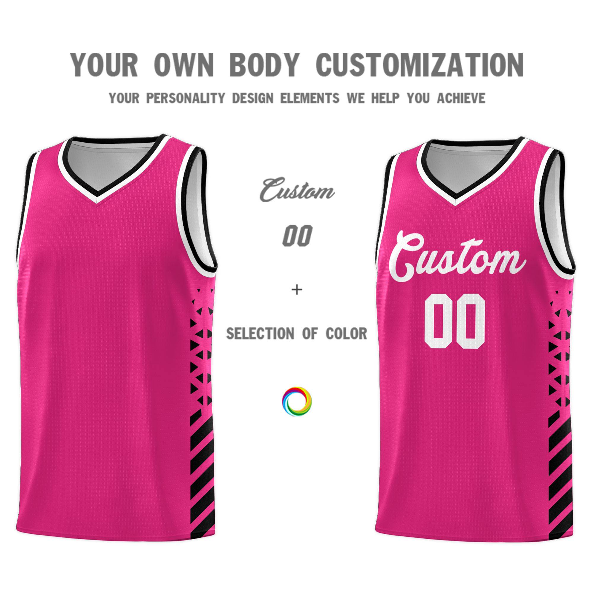 Custom Rose Red Basketball Kits With Side Black Diamond Stripe Pattern