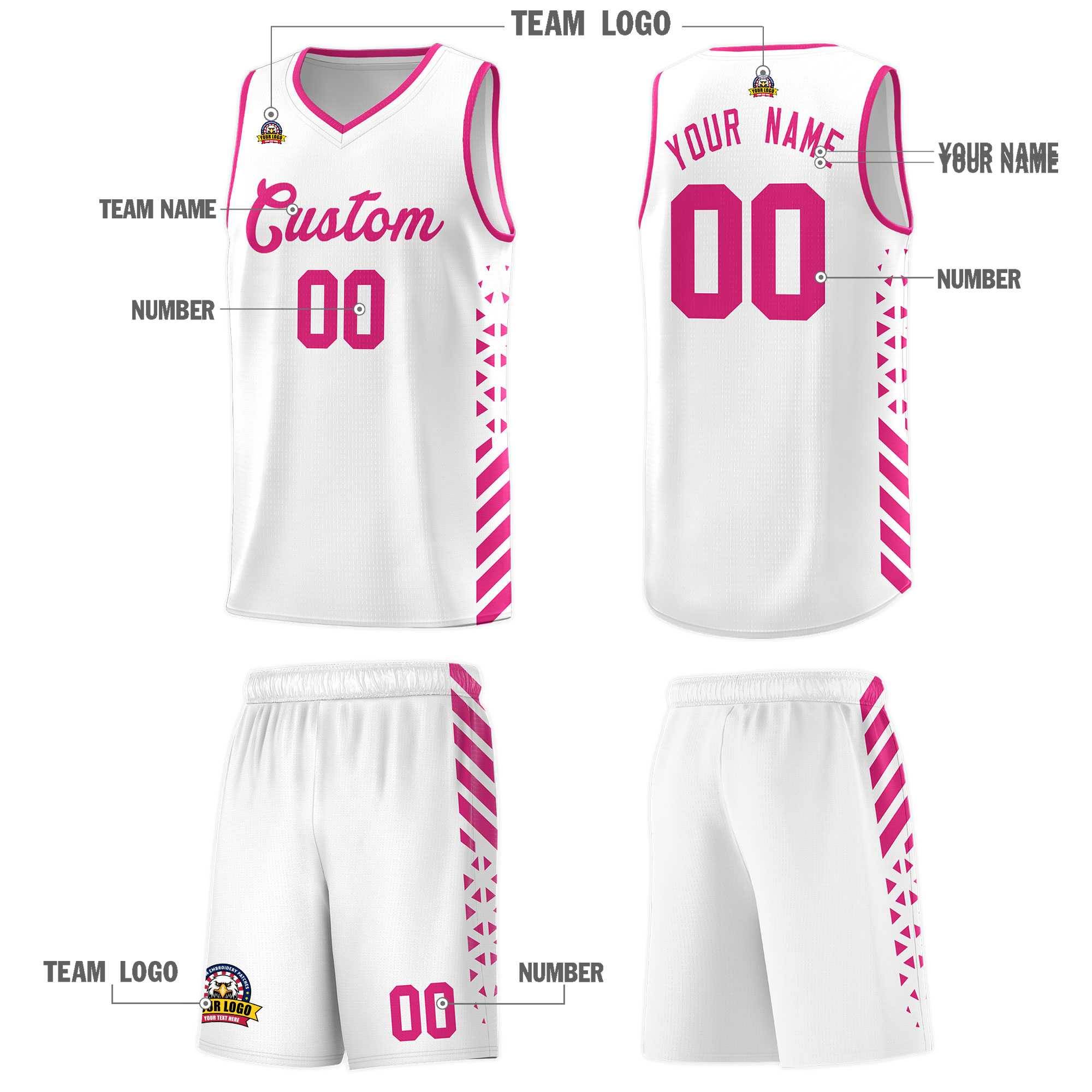 Custom White Basketball Kits With Side Rose Red Diamond Stripe Pattern