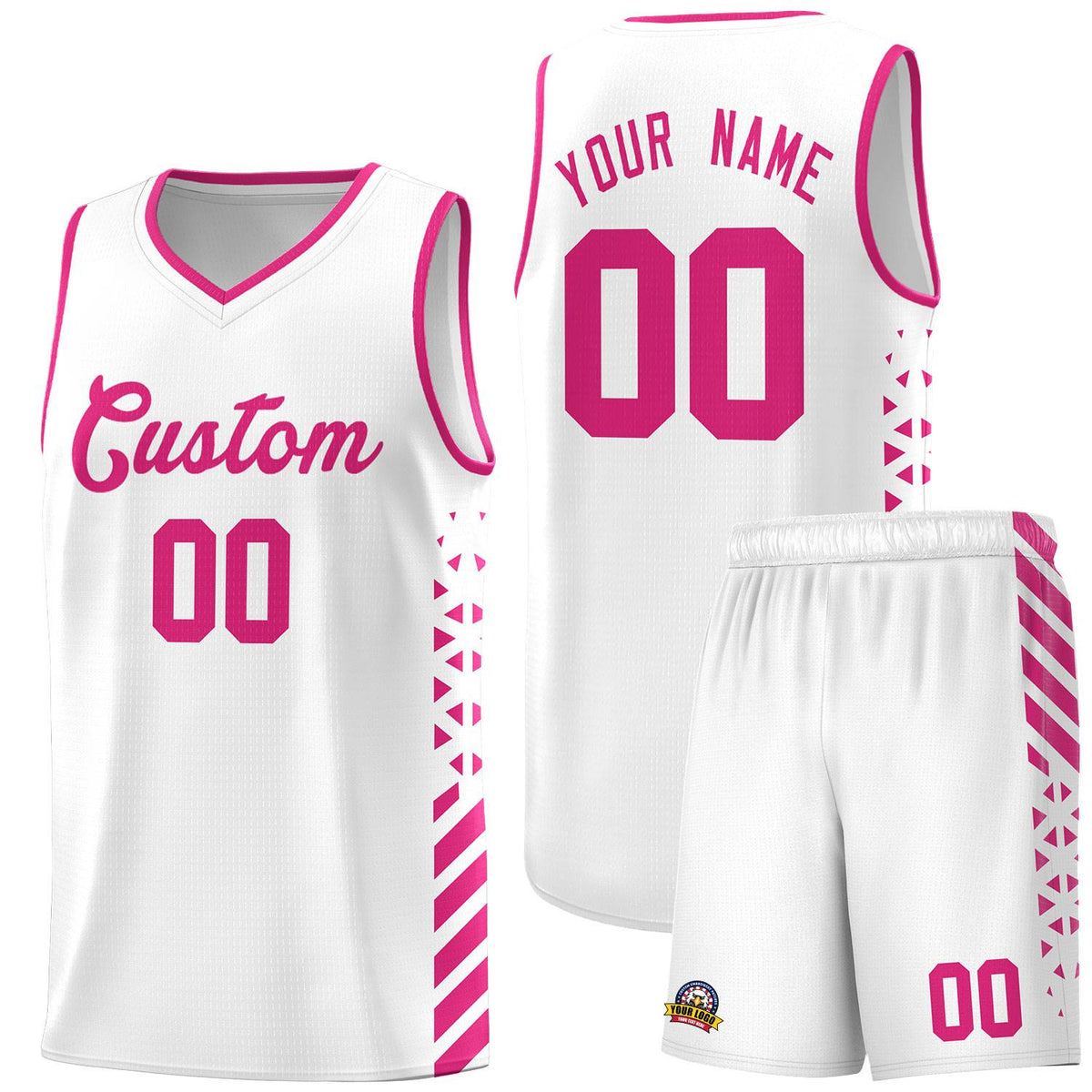 Custom White Basketball Kits With Side Rose Red Diamond Stripe Pattern