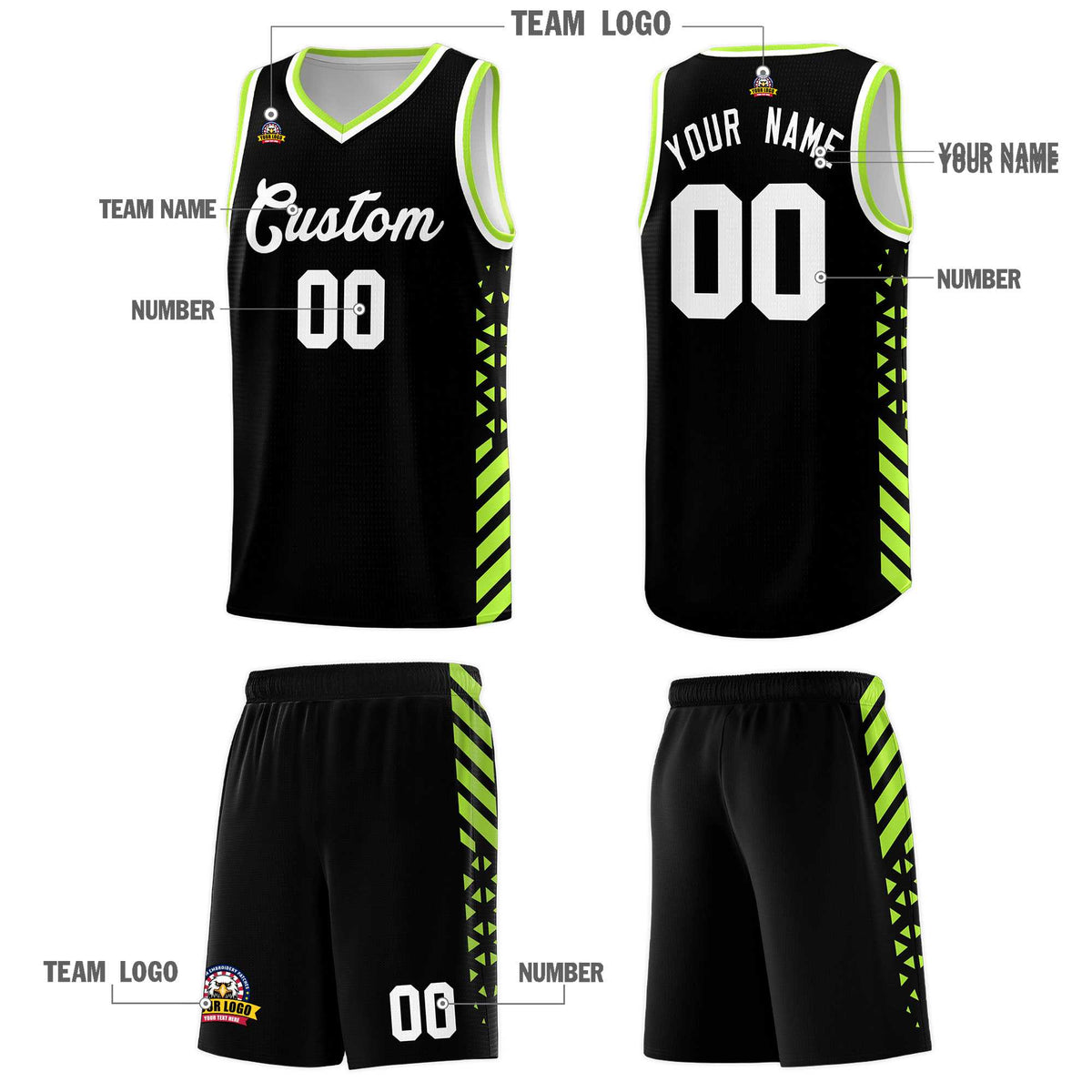 Custom Black Basketball Kits With Side Neon Green Diamond Stripe Pattern