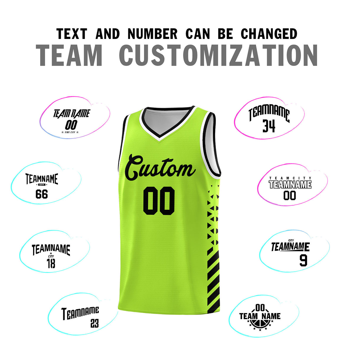 Custom Neon Green Basketball Kits With Side Black Diamond Stripe Pattern