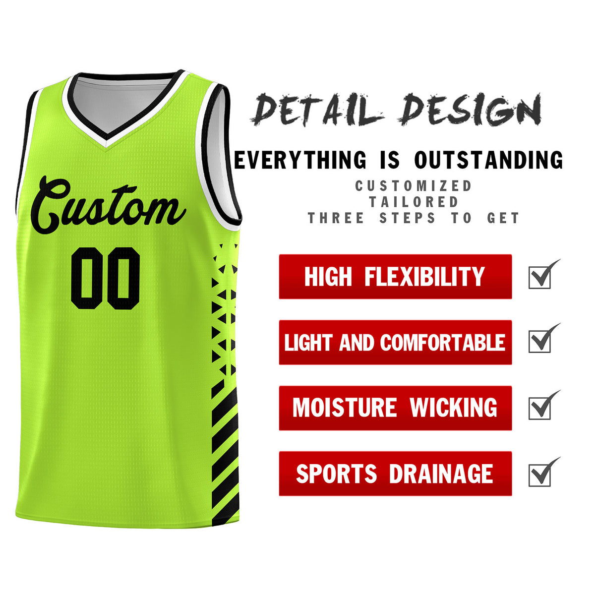 Custom Neon Green Basketball Kits With Side Black Diamond Stripe Pattern