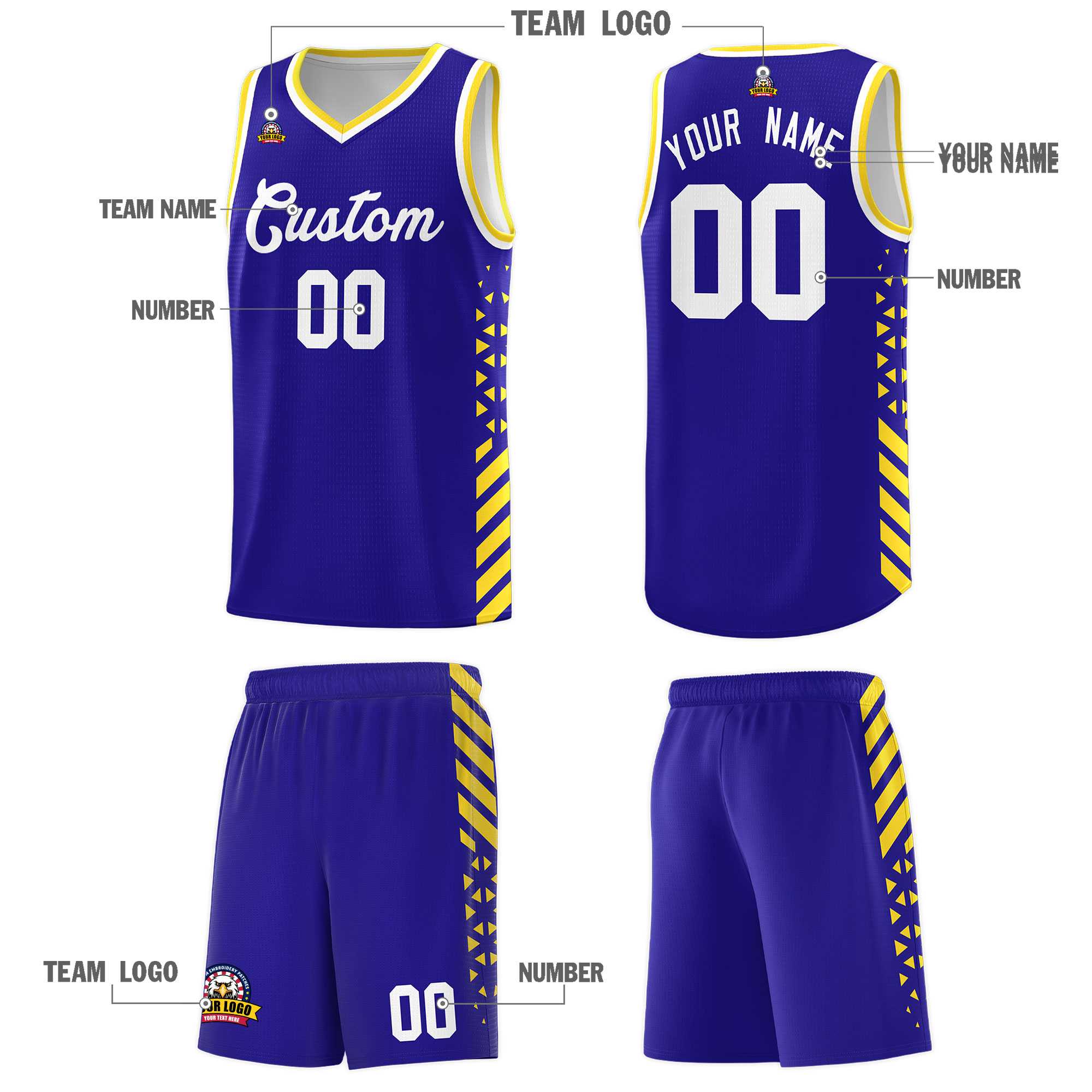 Custom Royal Basketball Kits With Side Gold Diamond Stripe Pattern