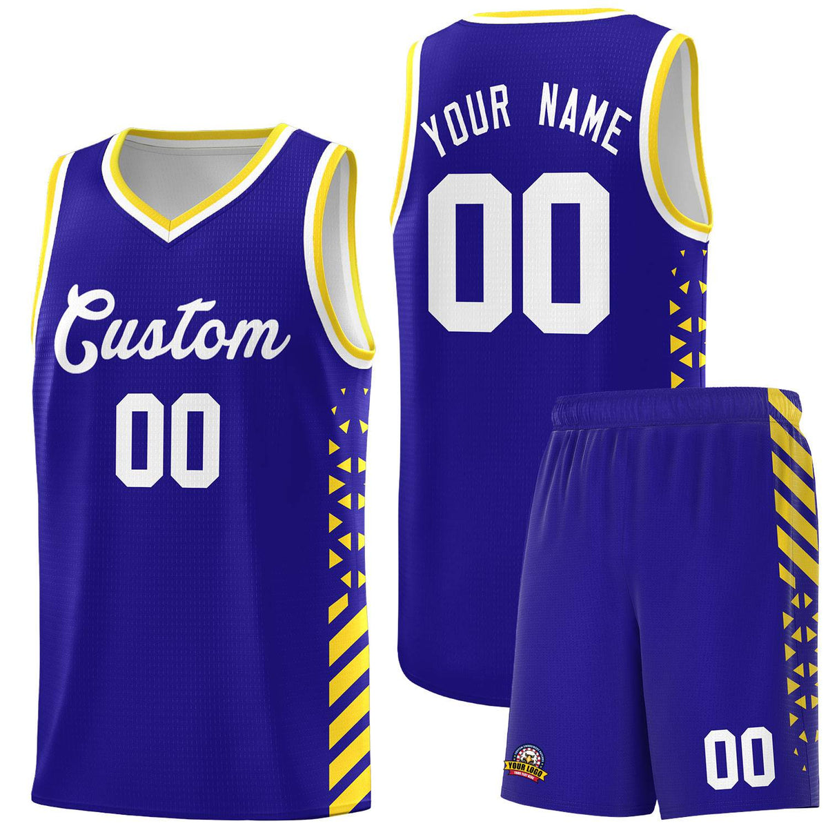 Custom Royal Basketball Kits With Side Gold Diamond Stripe Pattern
