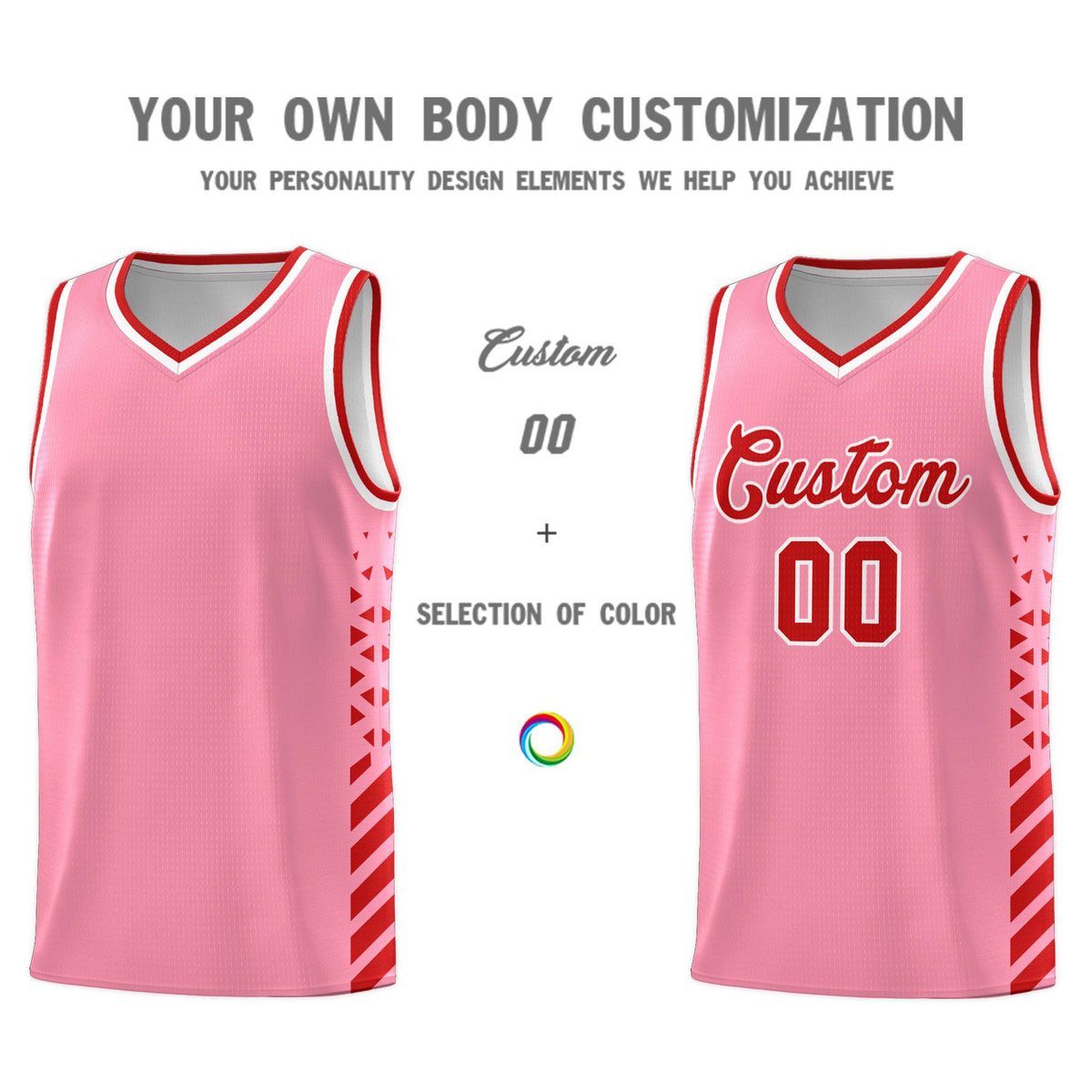 Custom Light Pink Basketball Kits With Side Red Diamond Stripe Pattern