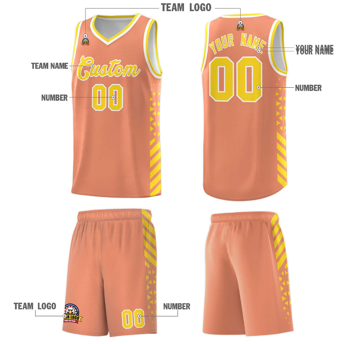 Custom Light Orange Basketball Kits With Side Gold Diamond Stripe Pattern