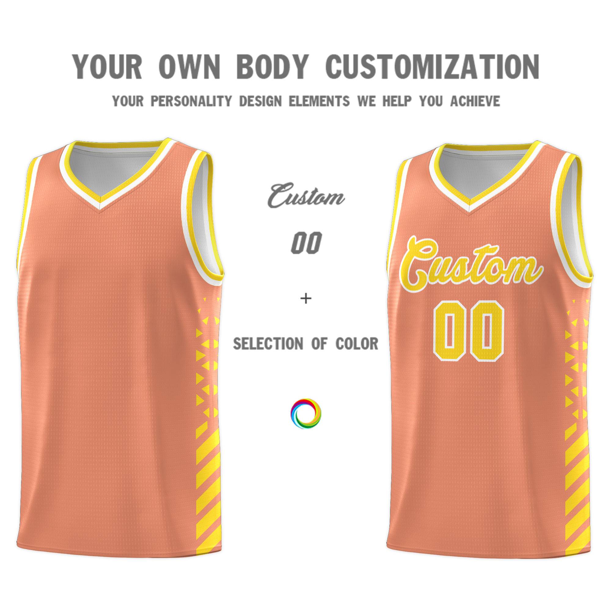 Custom Light Orange Basketball Kits With Side Gold Diamond Stripe Pattern