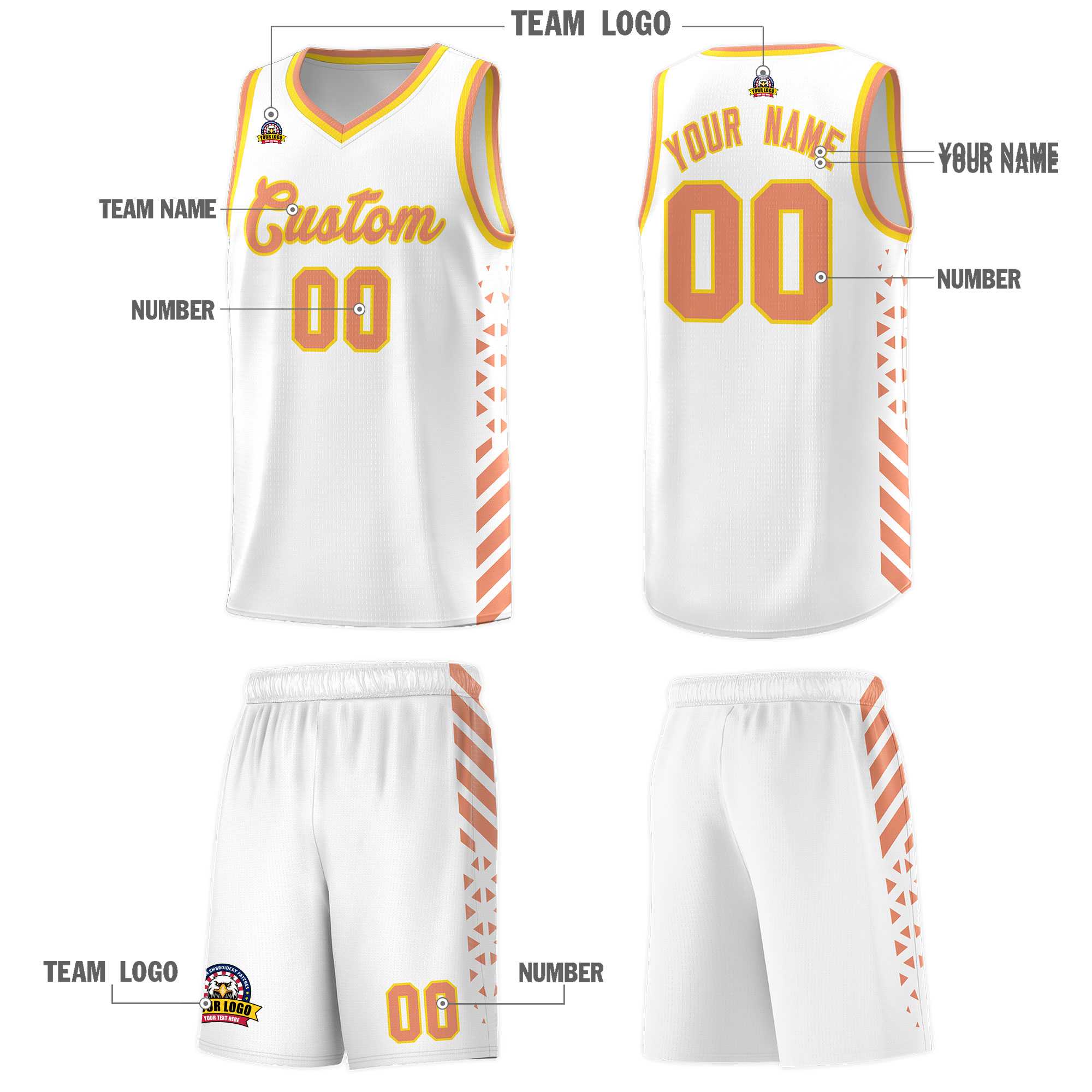 Custom White Basketball Kits With Side Light Orange Diamond Stripe Pattern
