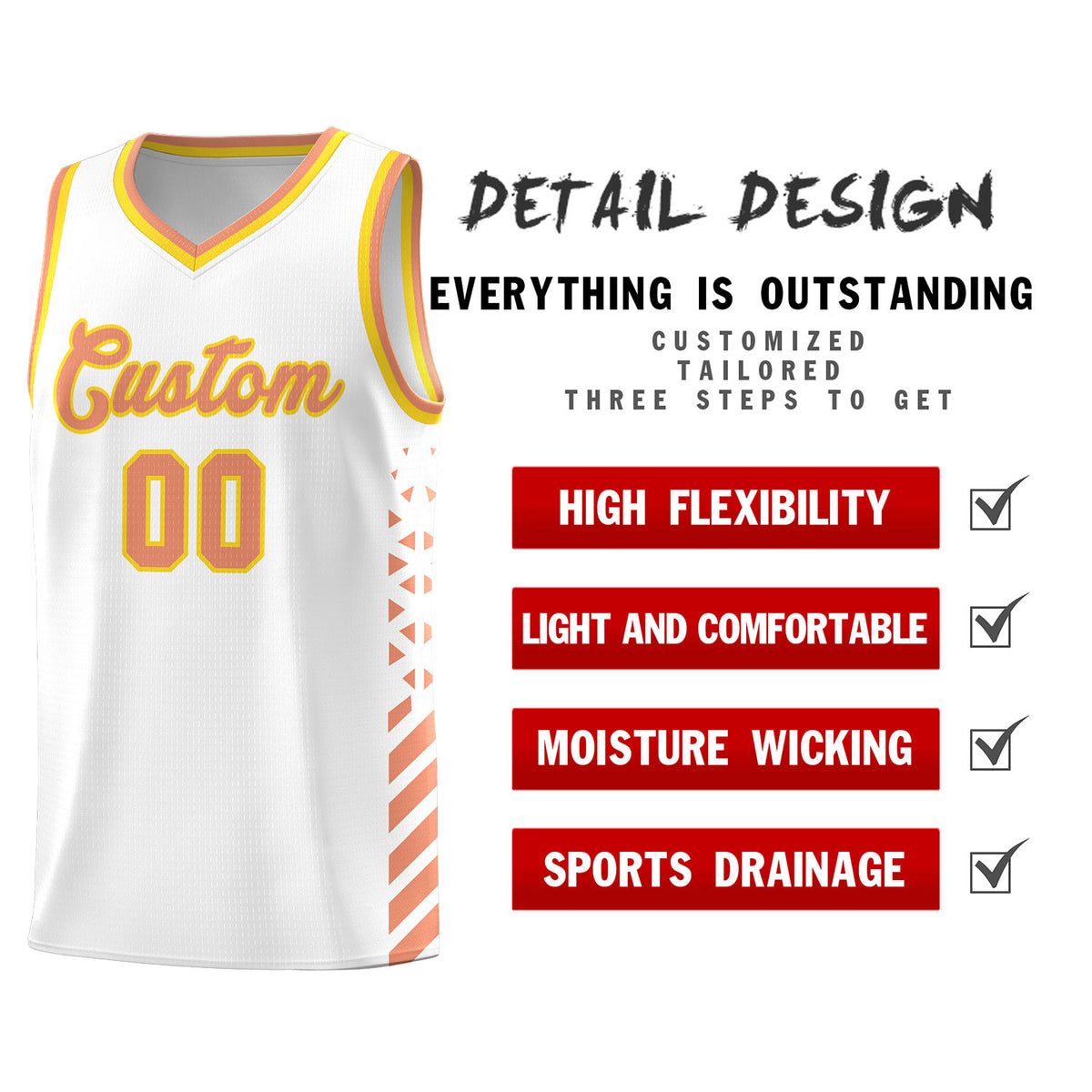 Custom White Basketball Kits With Side Light Orange Diamond Stripe Pattern