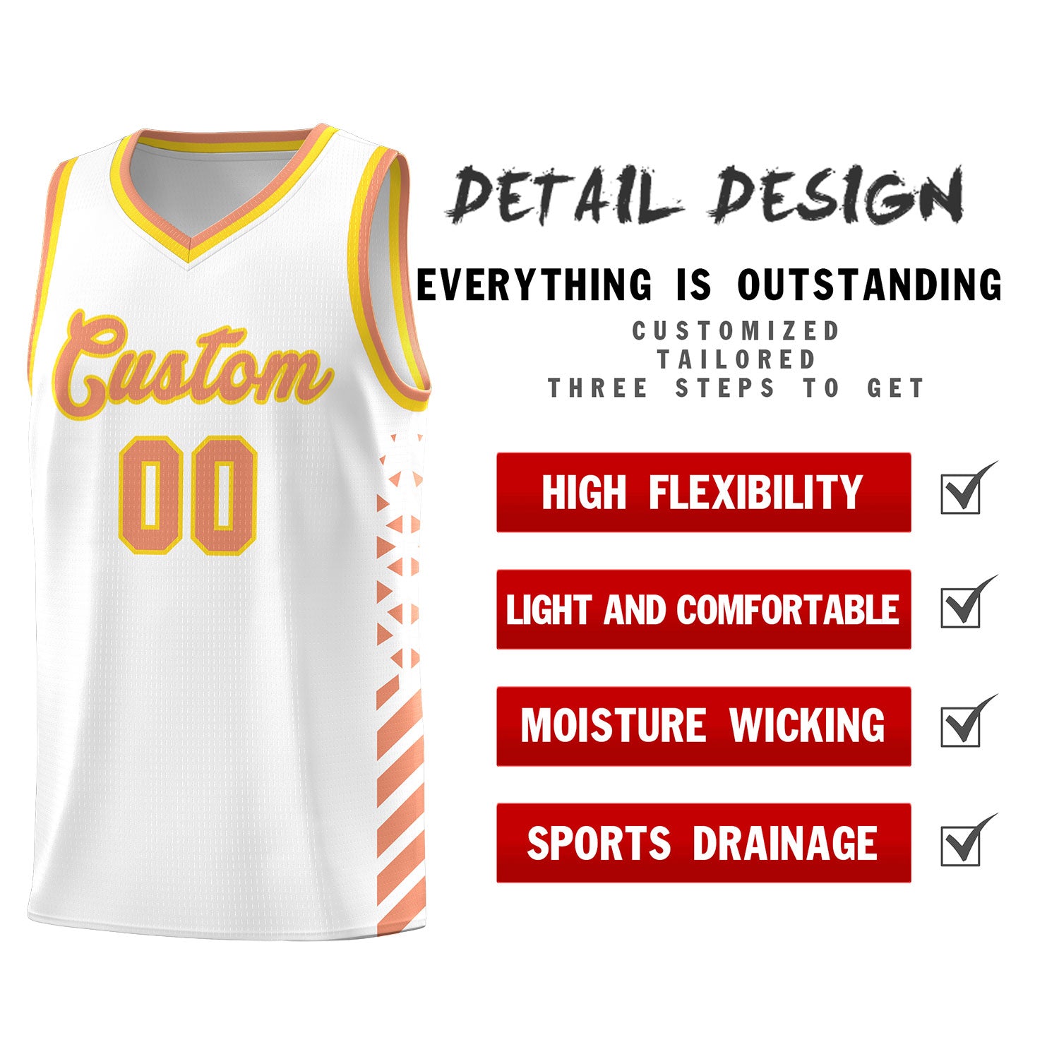 Custom White Basketball Kits With Side Light Orange Diamond Stripe Pattern