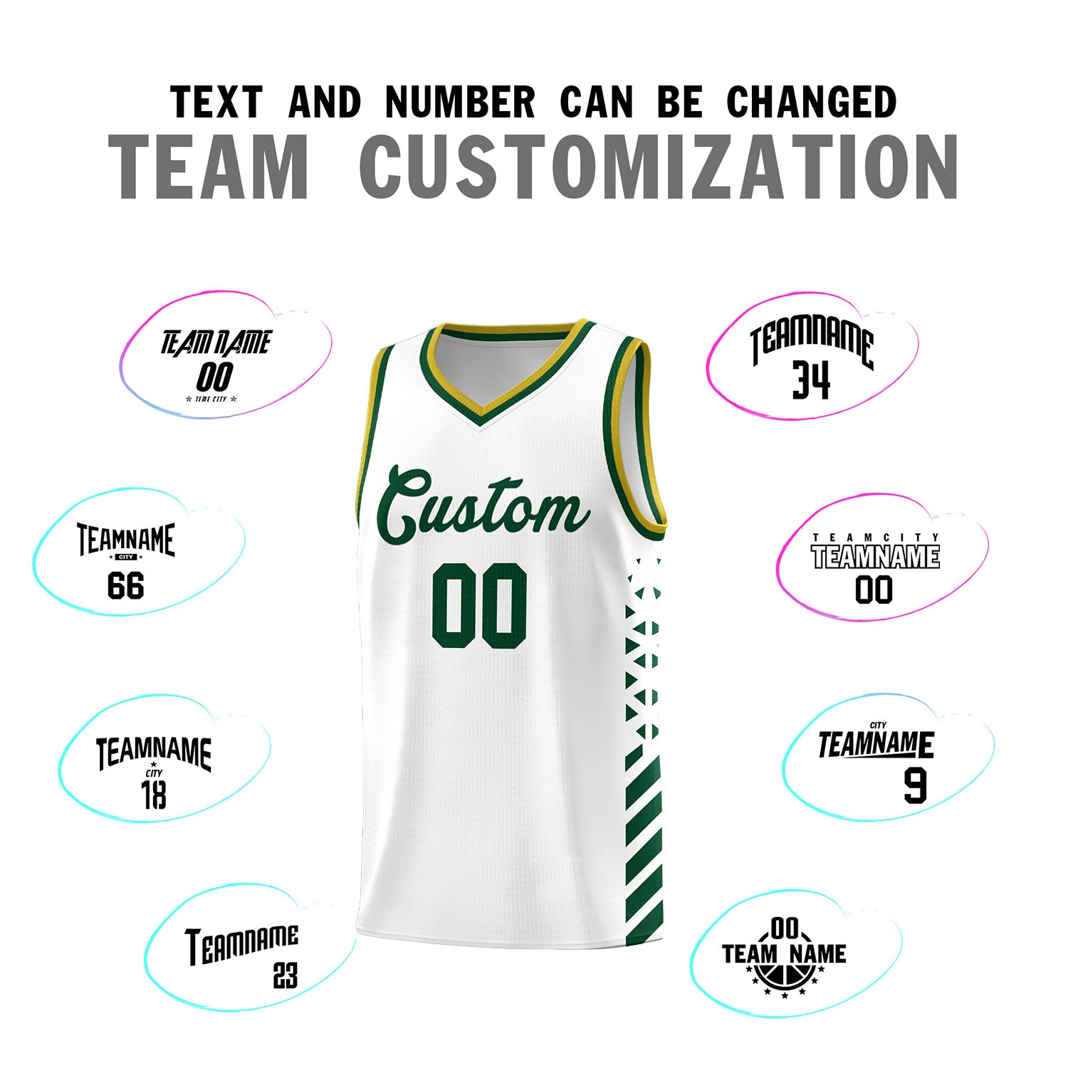 Custom White Basketball Kits With Side Green Diamond Stripe Pattern