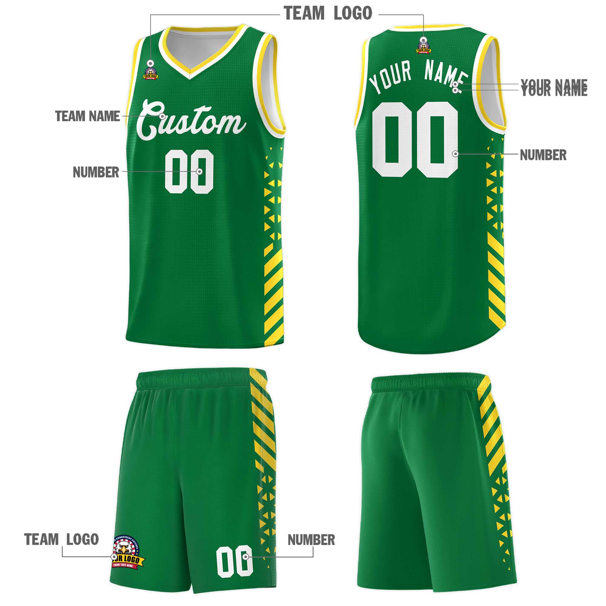Custom Kelly Green Basketball Kits With Side Gold Diamond Stripe Pattern