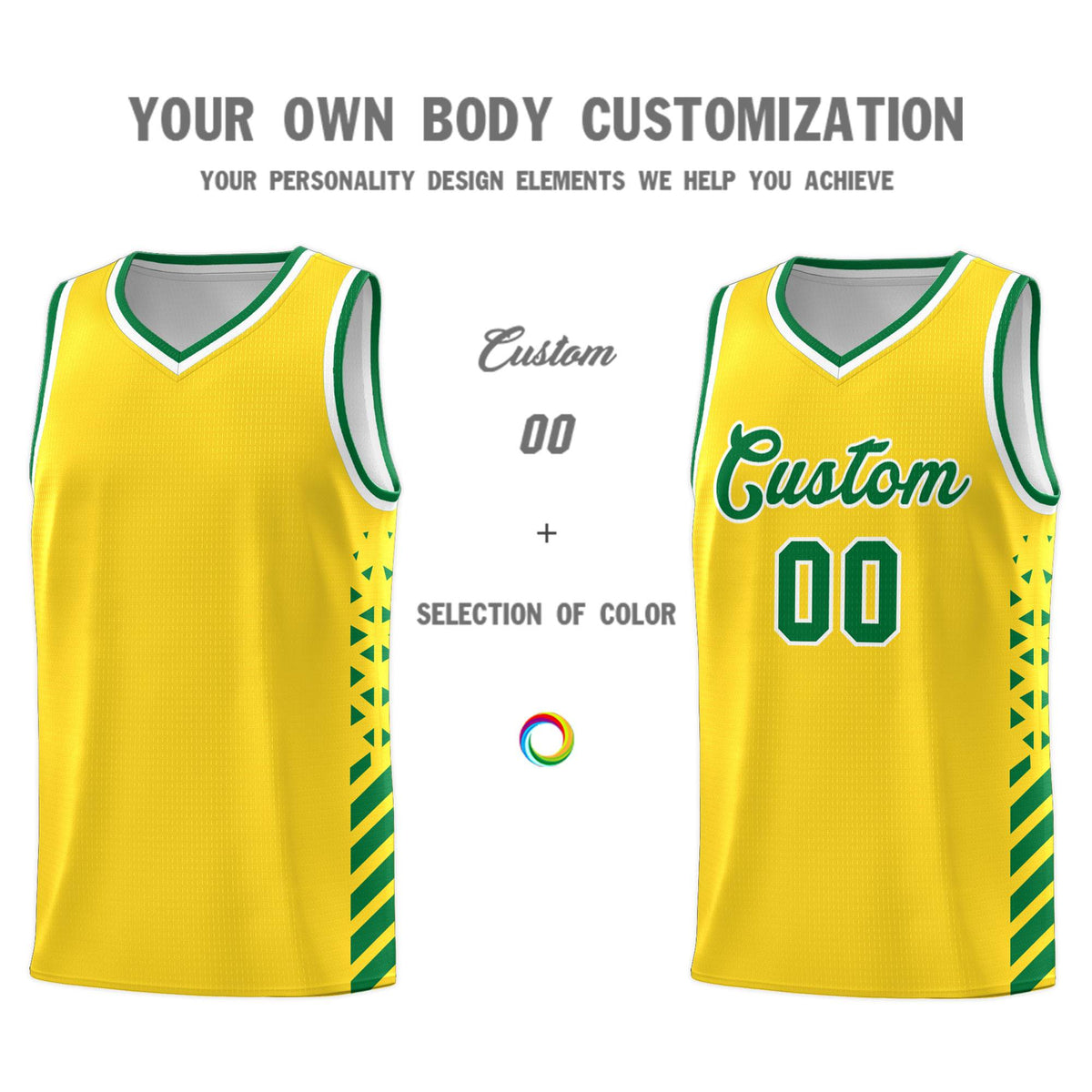 Custom Gold Basketball Kits With Side Kelly Green Diamond Stripe Pattern