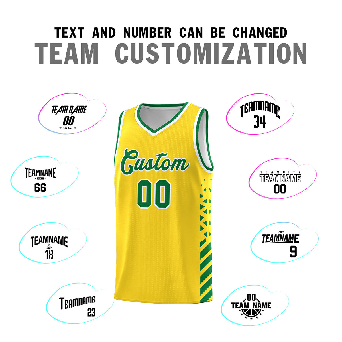 Custom Gold Basketball Kits With Side Kelly Green Diamond Stripe Pattern