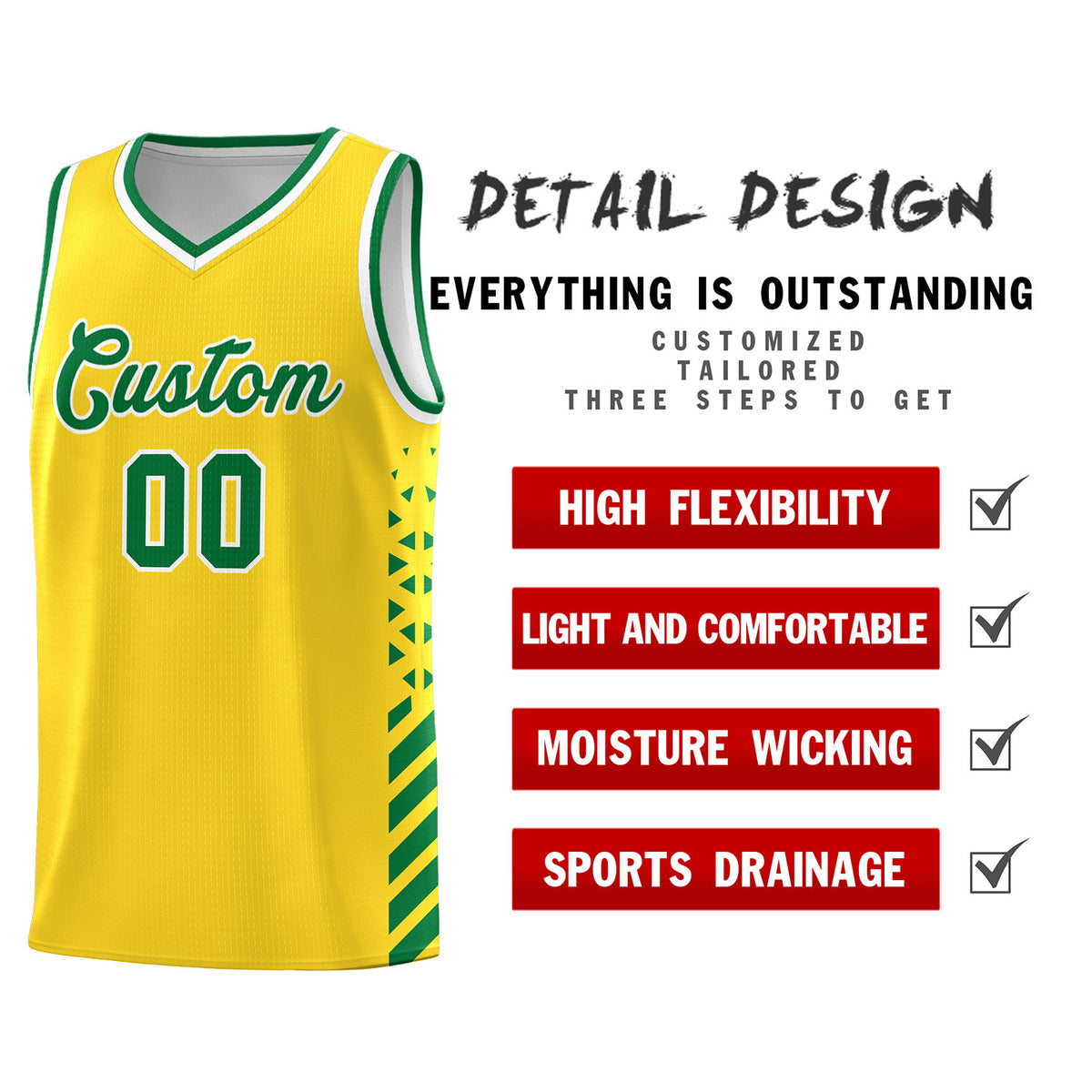 Custom Gold Basketball Kits With Side Kelly Green Diamond Stripe Pattern