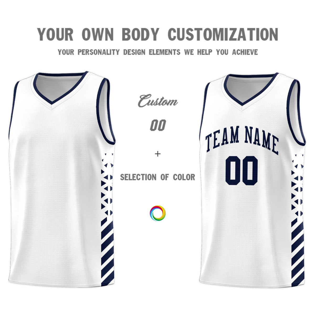 Custom White Basketball Kits With Side Navy Diamond Stripe Pattern