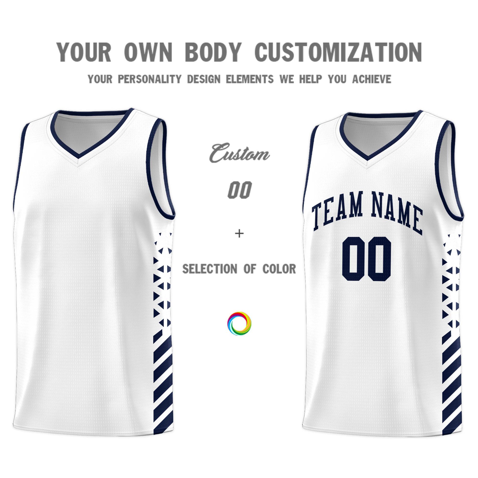 Custom White Basketball Kits With Side Navy Diamond Stripe Pattern