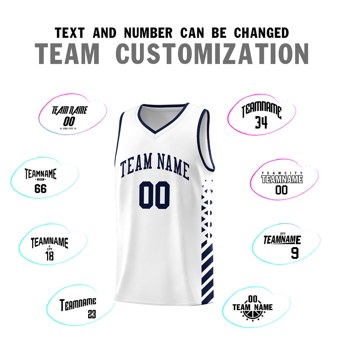 Custom White Basketball Kits With Side Navy Diamond Stripe Pattern